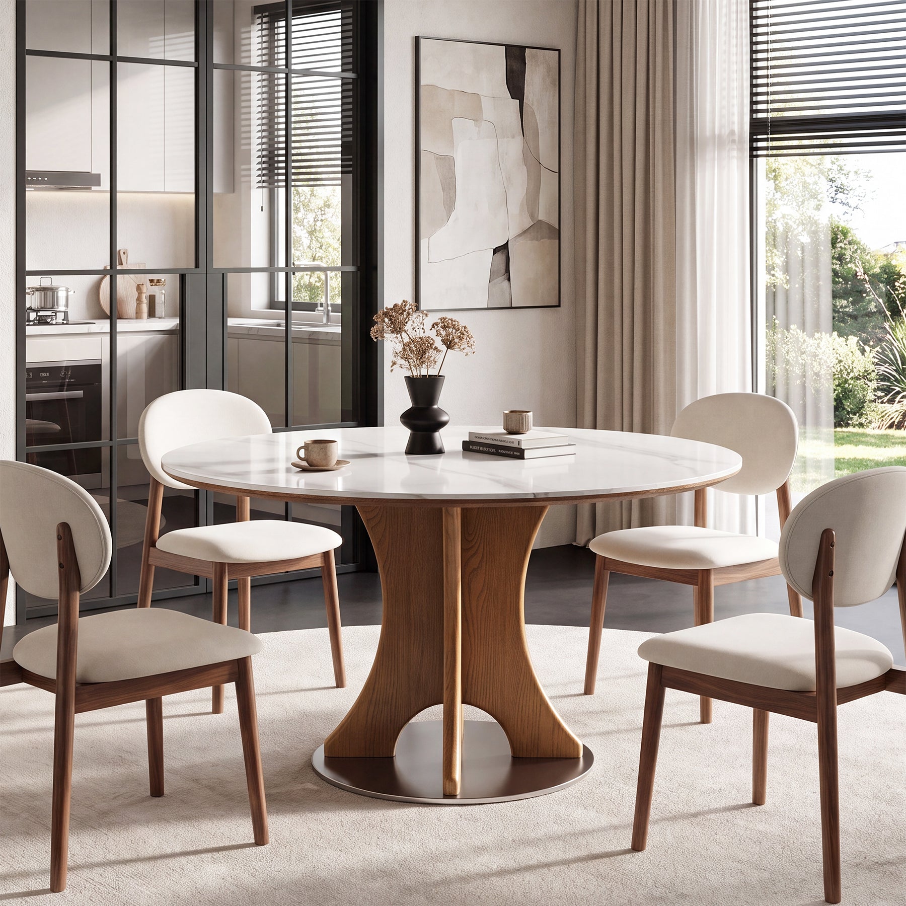 47" Luxury Sintered Stone Dining Table, Solid Wood Round Kitchen Table for 4-6 People