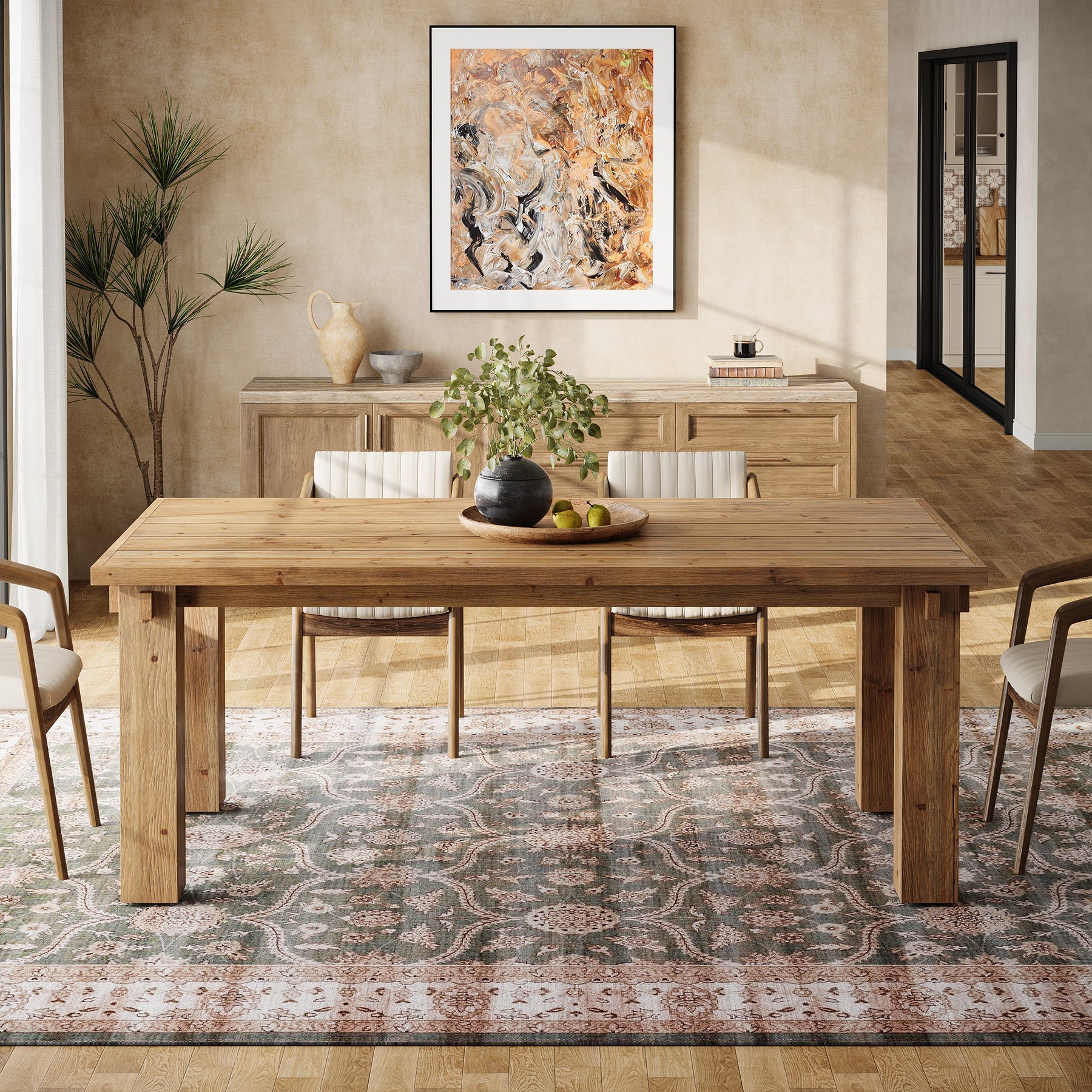 63" Solid Wood Dining Table for 4-6, Rectangular Kitchen Table with Sturdy Legs