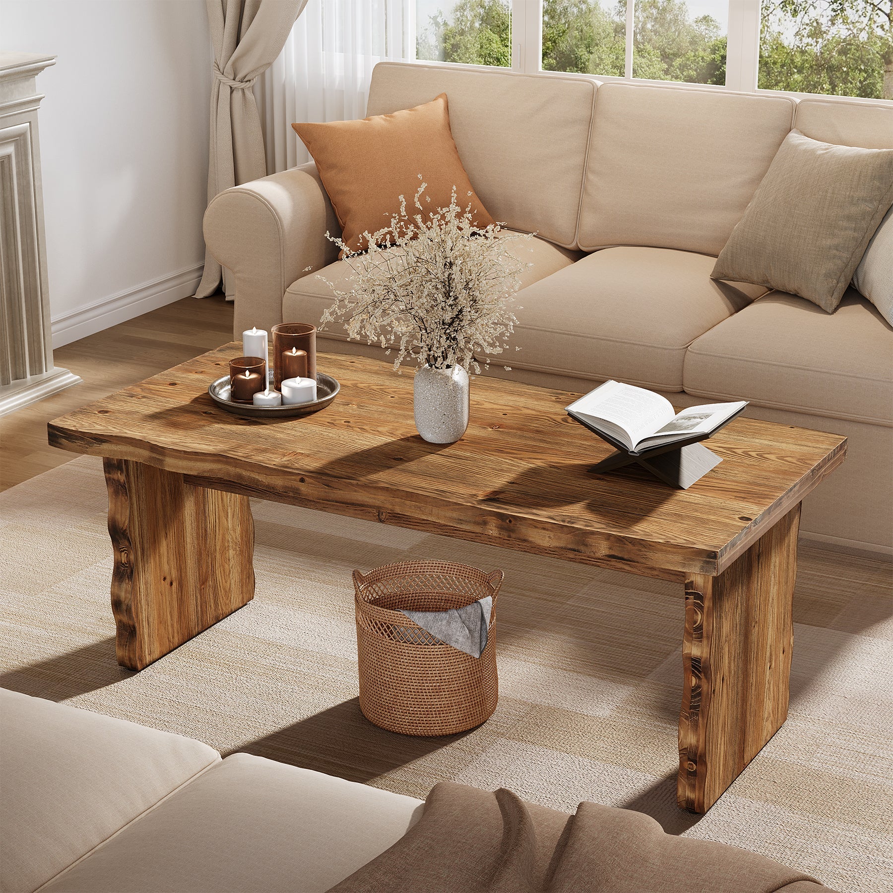 47.24" Solid Wood Coffee Table, Rectangular Center Table For Living Room