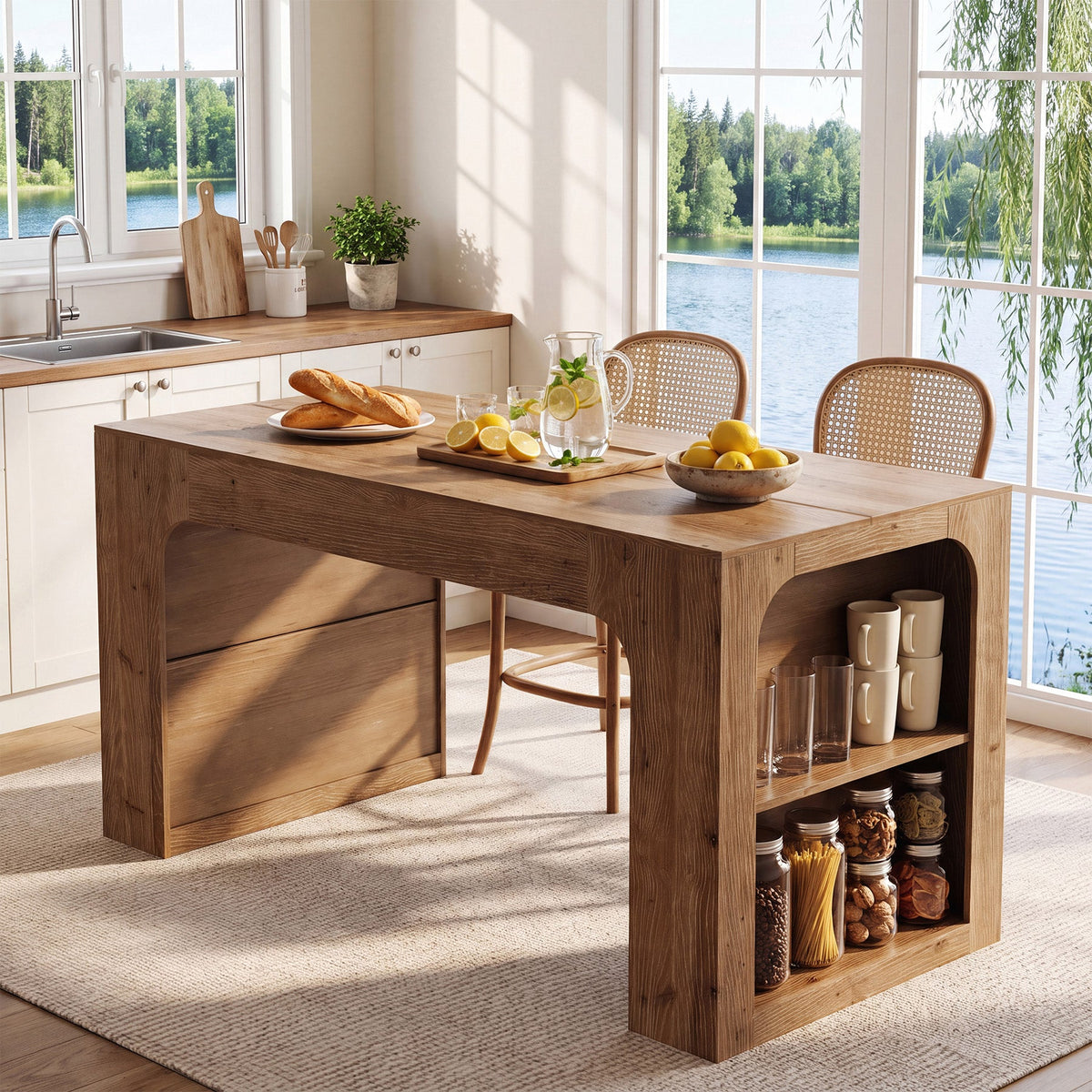 63" Solid Wood Kitchen Island with Storage Shelves, Kitchen & Dining Room