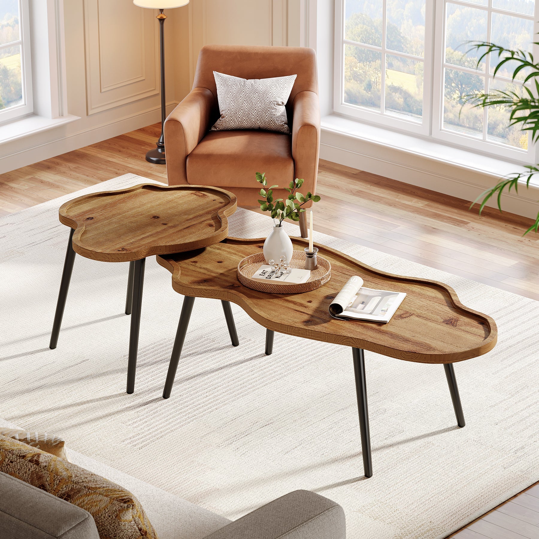 Tribesigns Nesting Coffee Table Set of 2, Solid Wood with Cloud Tabletop