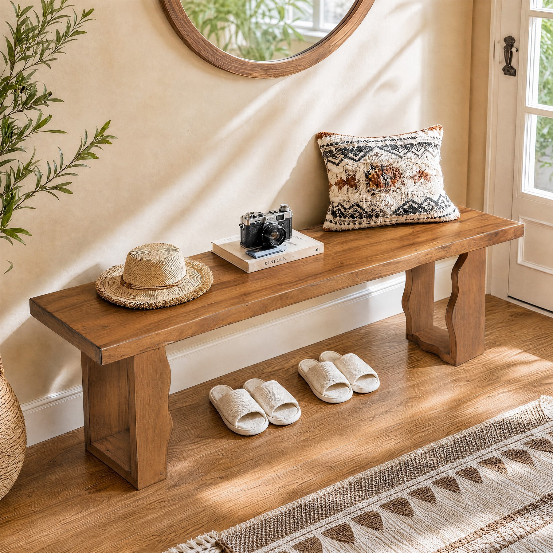 55-Inch Solid Wood Entryway Bench, 350 LB Shoe Bench with Thick Seat for Hallway