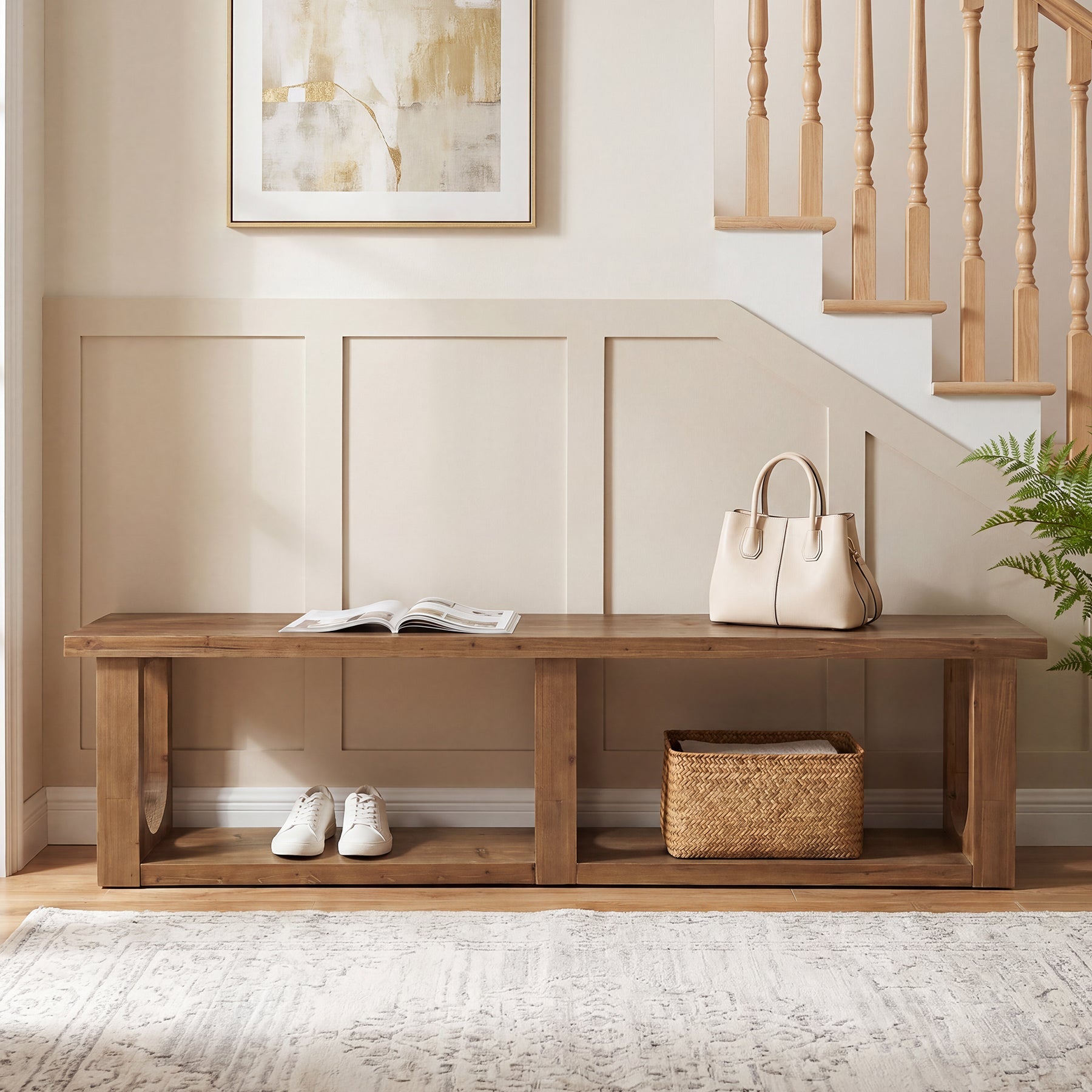 70.9" Solid Wood Entryway Bench, Farmhouse Shoe Bench with 2-Tier Storage for Hallway