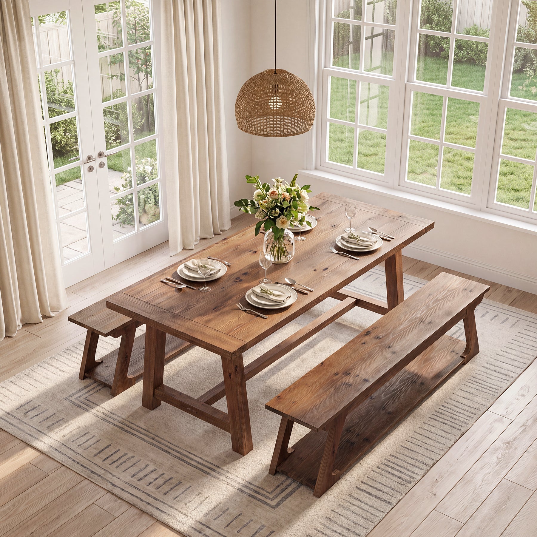 59" Solid Wood Dining Bench, Narrow Indoor Bench with Storage Shelf