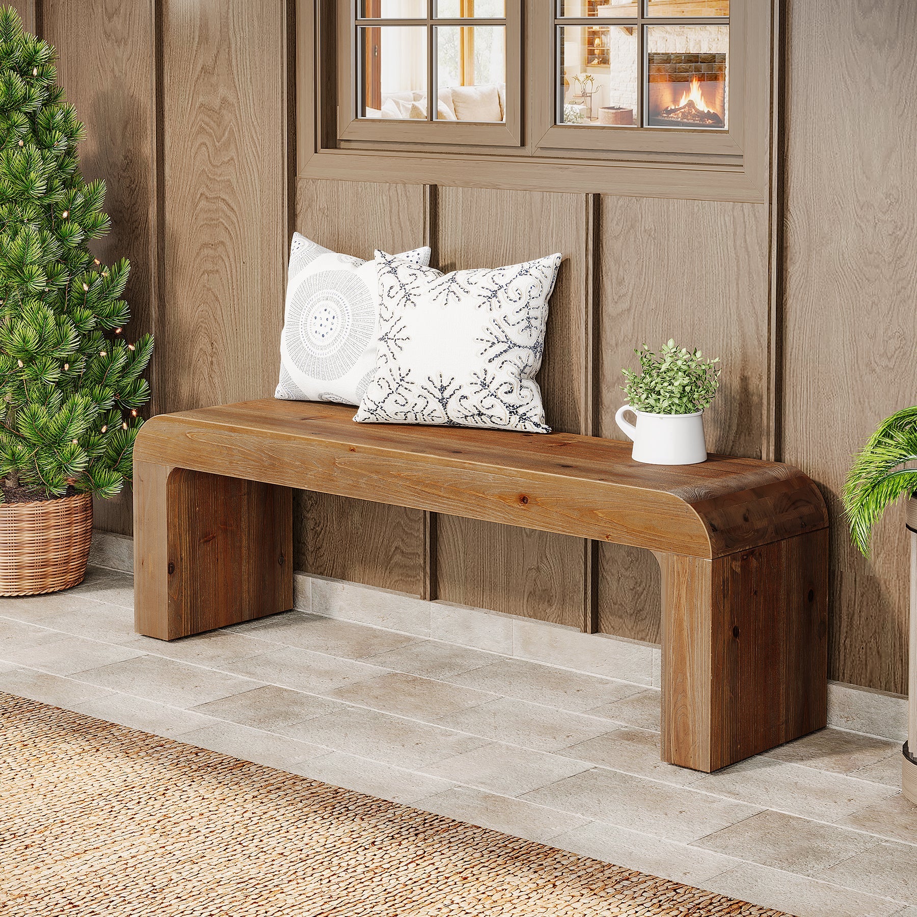 55" Modern Dining Bench, Solid Wood Entryway Bench with Thick Block Seat
