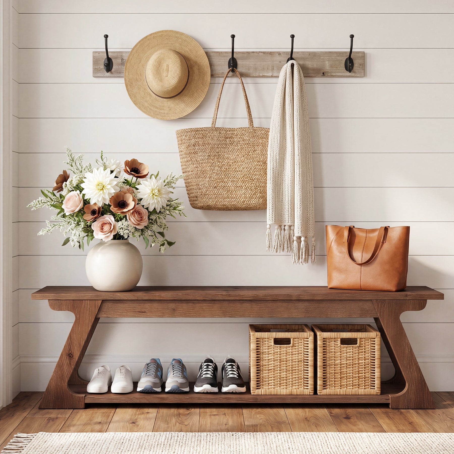 59" Solid Wood Entryway Bench, End of Bed Bench with Trapezoidal-Shaped Leg