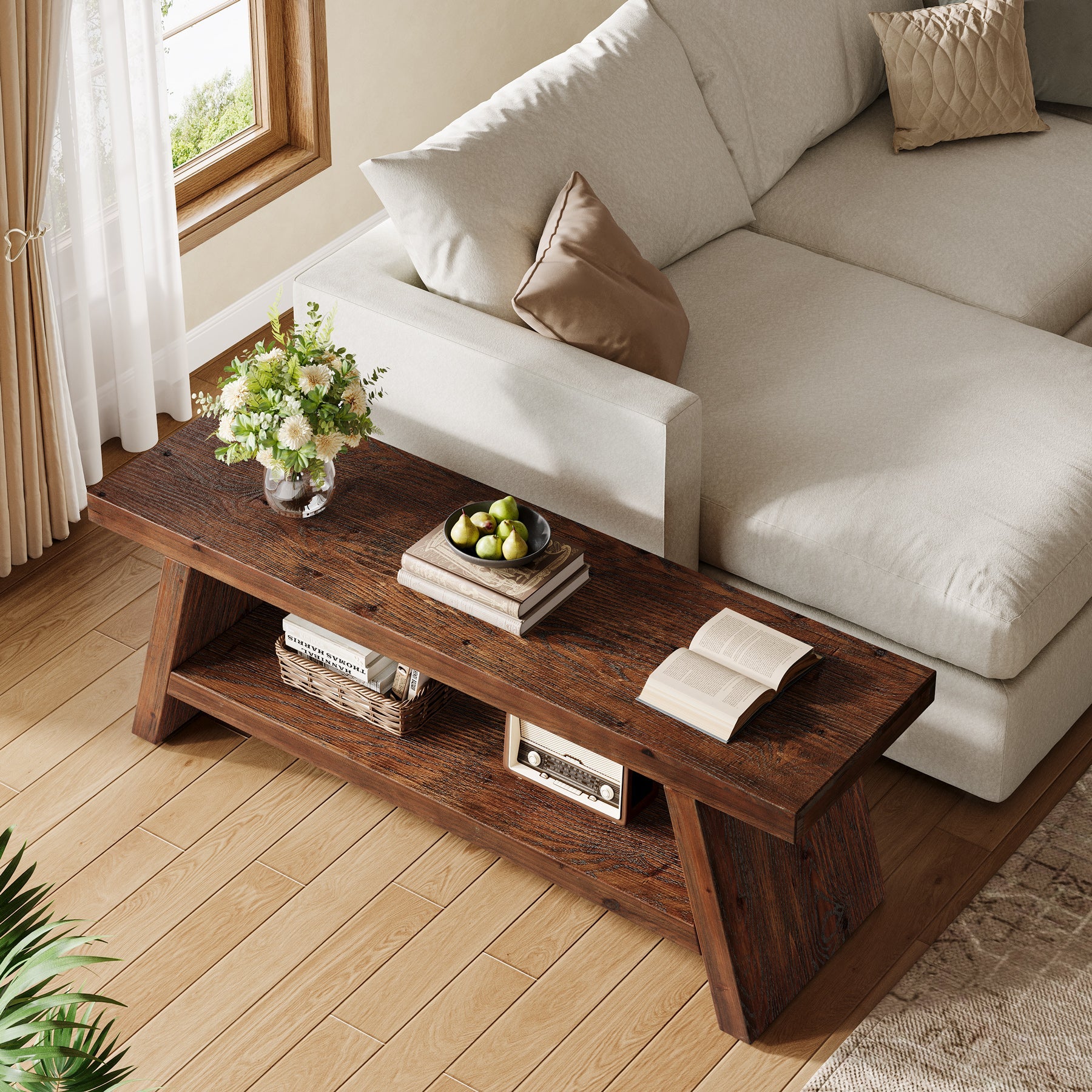 2-Tier Solid Wood Entryway Bench with Open Storage, Wooden Shoe Bench for Hallway & Foyer