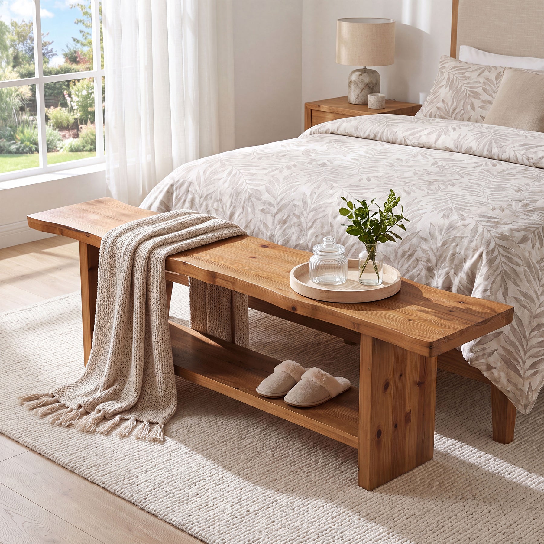70.8" Solid Wood Entryway Bench, 2-Tier End of Bed Bench for Bedroom, Living Room
