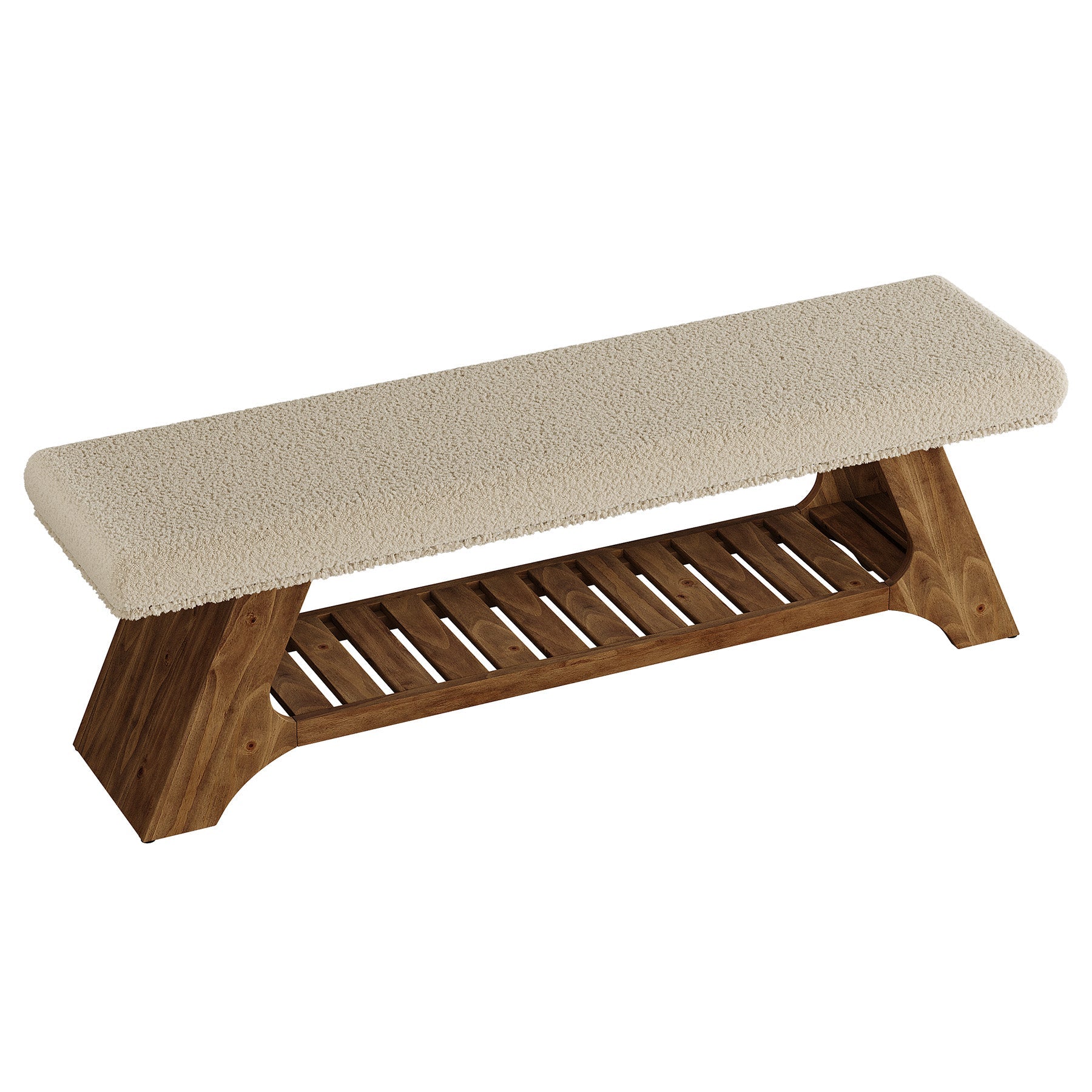 55" Solid Wood Upholstered Bench, 2-Tier Entryway Shoe Storage Bench