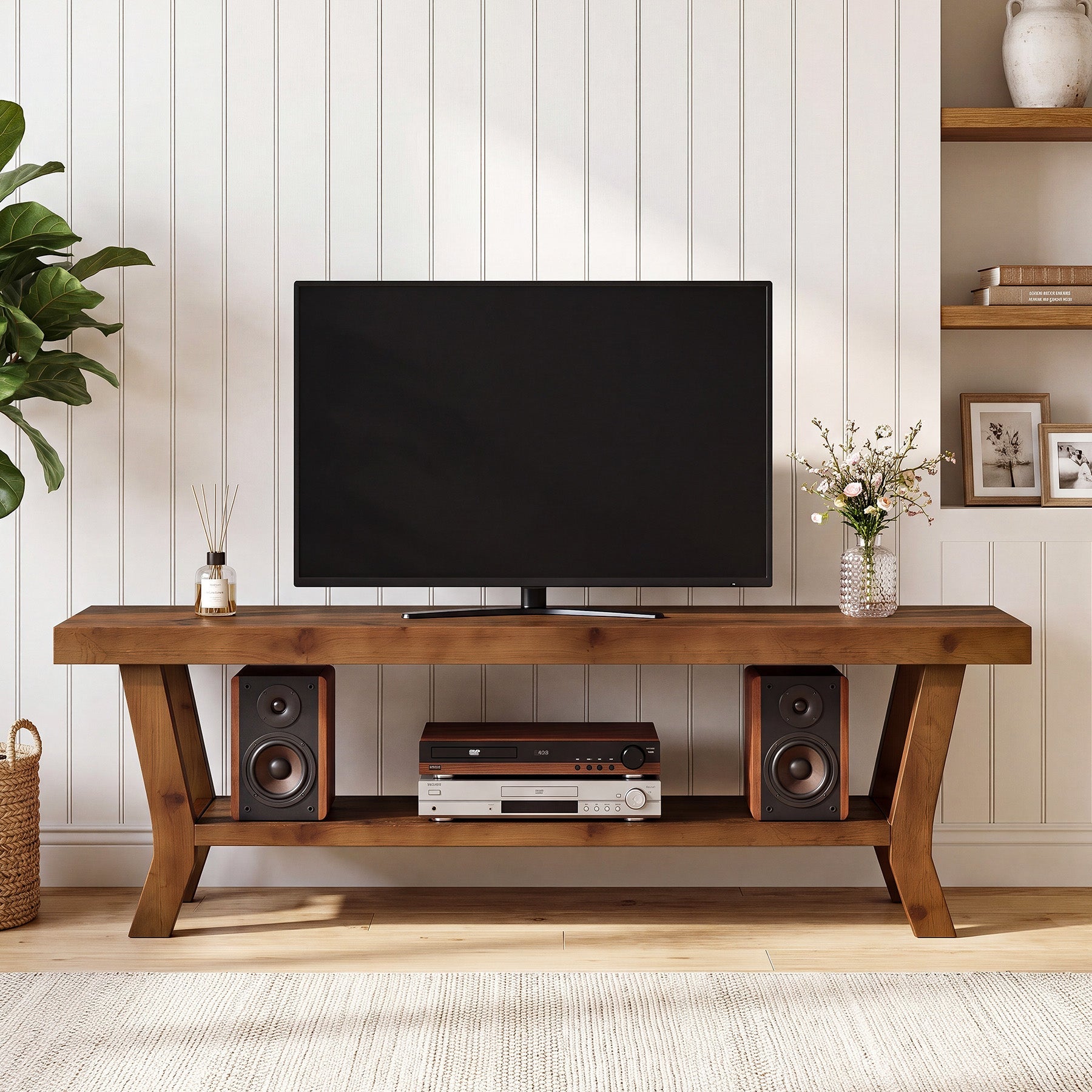 55-Inch Solid Wood TV Stand with Storage Shelf, Low-Profile Console for Living Room