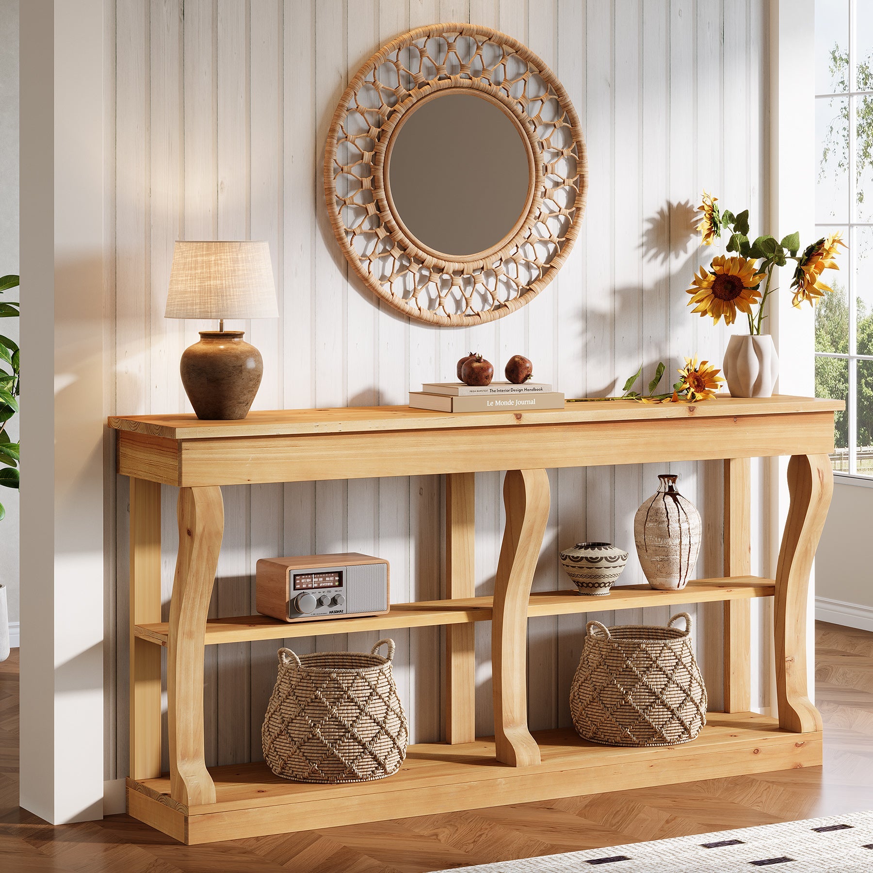 3-Tier Solid Wood Console Table, 63" Sofa Entryway Table with Storage