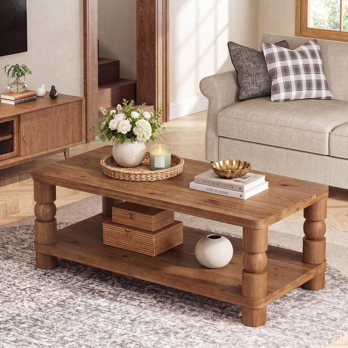 47" Farmhouse Solid Wood Coffee Table, 2-Tier Storage, Living Room