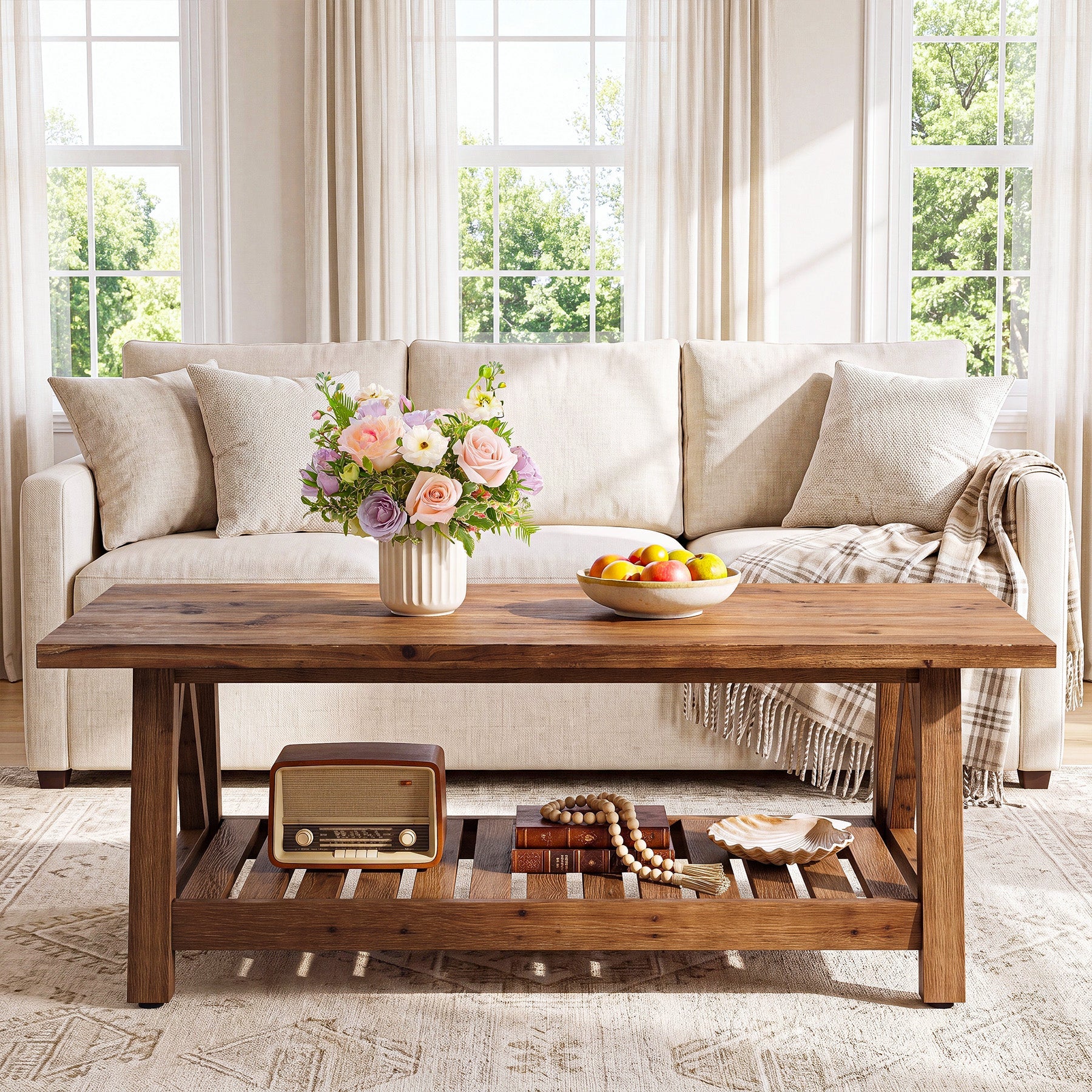 47.24" Farmhouse Solid Wood Coffee Table, Rectangle Center Table with Shelf for Living Room