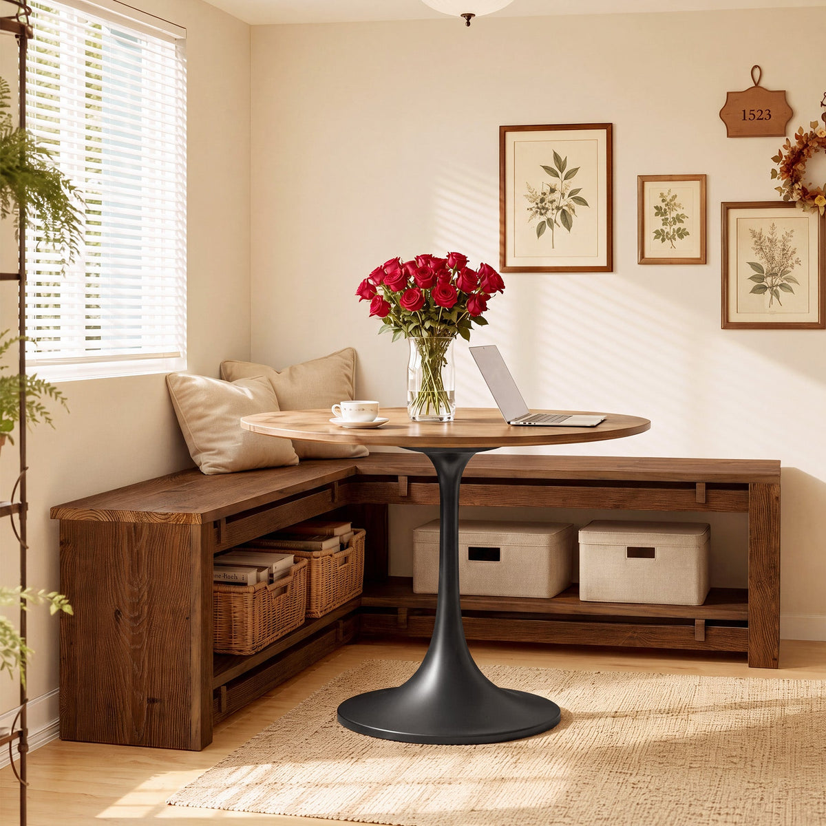 47" L-Shaped Corner Dining Bench, Rustic Solid Wood Breakfast Nook Bench with Shelf