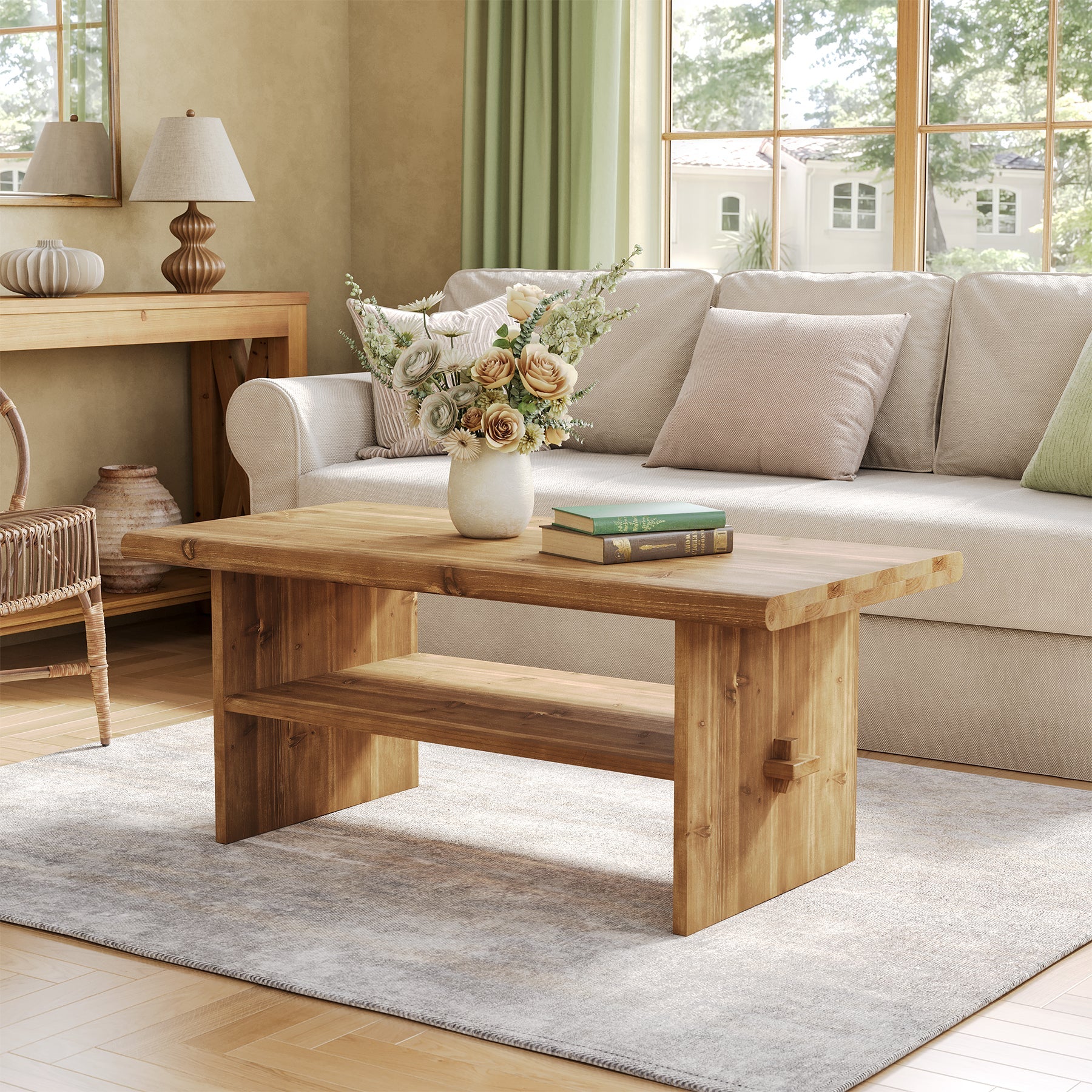 47" Wood Coffee Table, 2-Tier Rectangular Center Table Accent Table