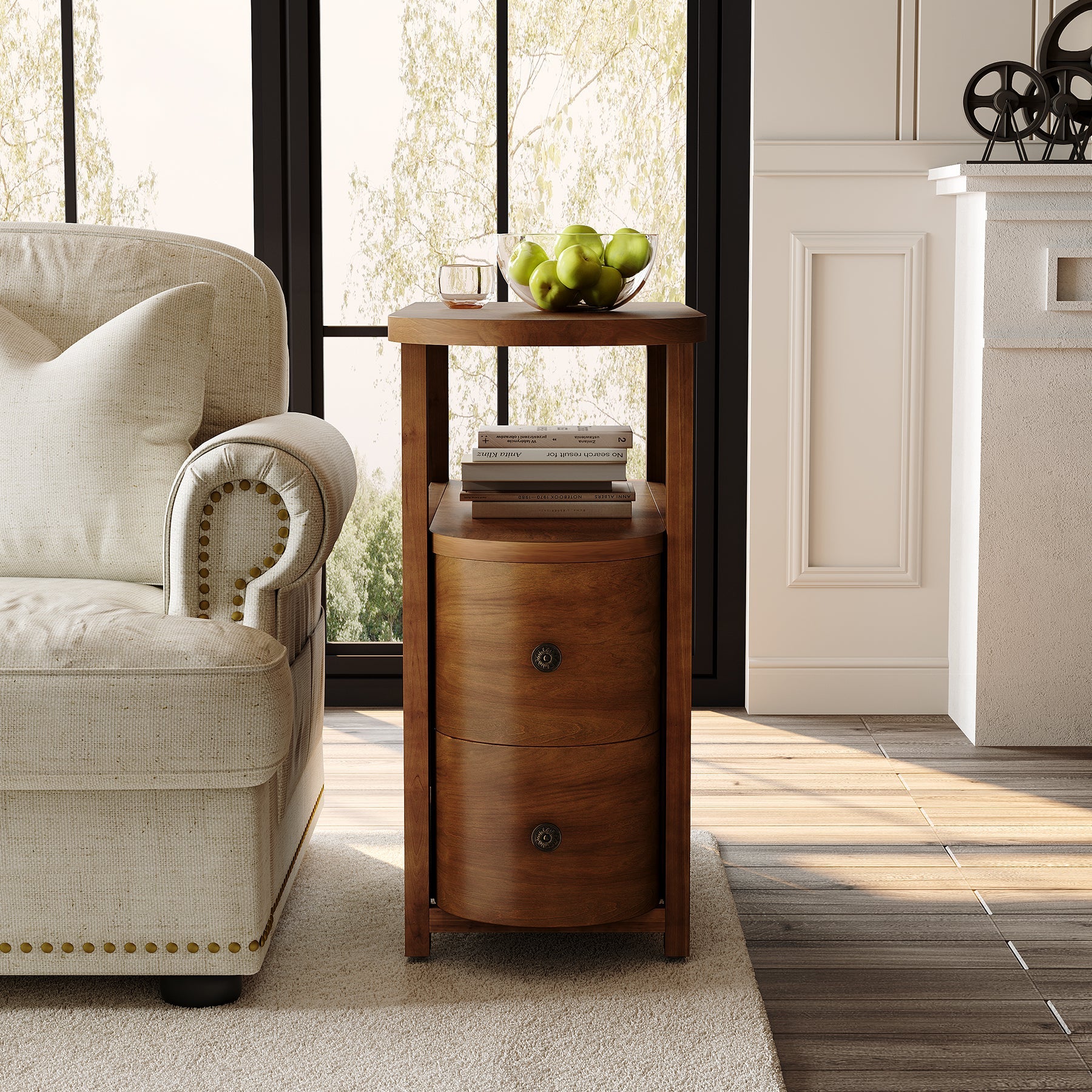 Solid Wood End Table, Slim Side Table with 2 Drawers & Open Shelf
