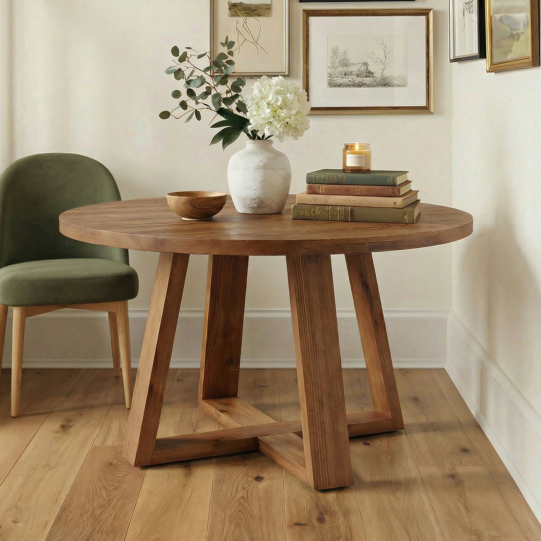 47.2" Round Dining Table, Farmhouse Solid Wood Kitchen Table with Trestle Base for 4