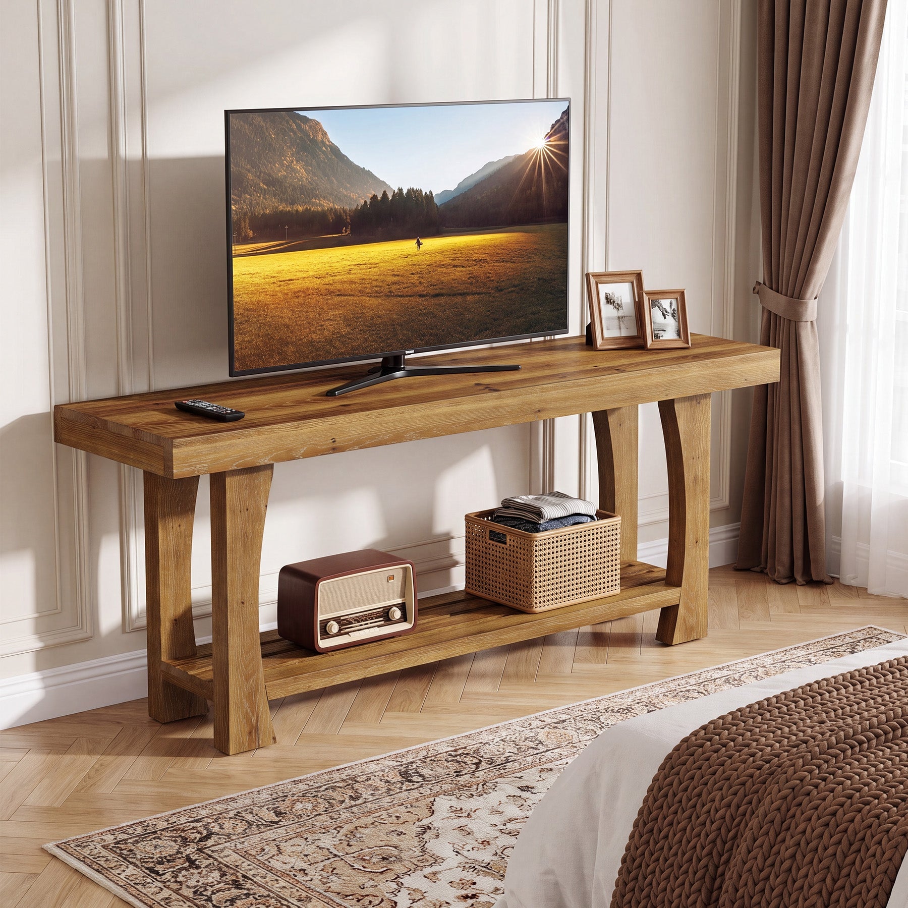 Solid Wood TV Stand, Farmhouse Media Console Table with 2-Tier Open Shelves