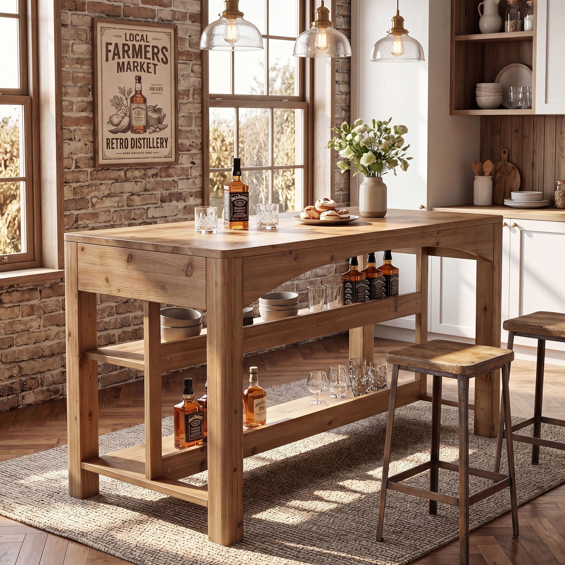 Tribesigns 59-Inch Kitchen Island, Solid Wood Island Table with 3-Tier Storage for Kitchen Dining Room