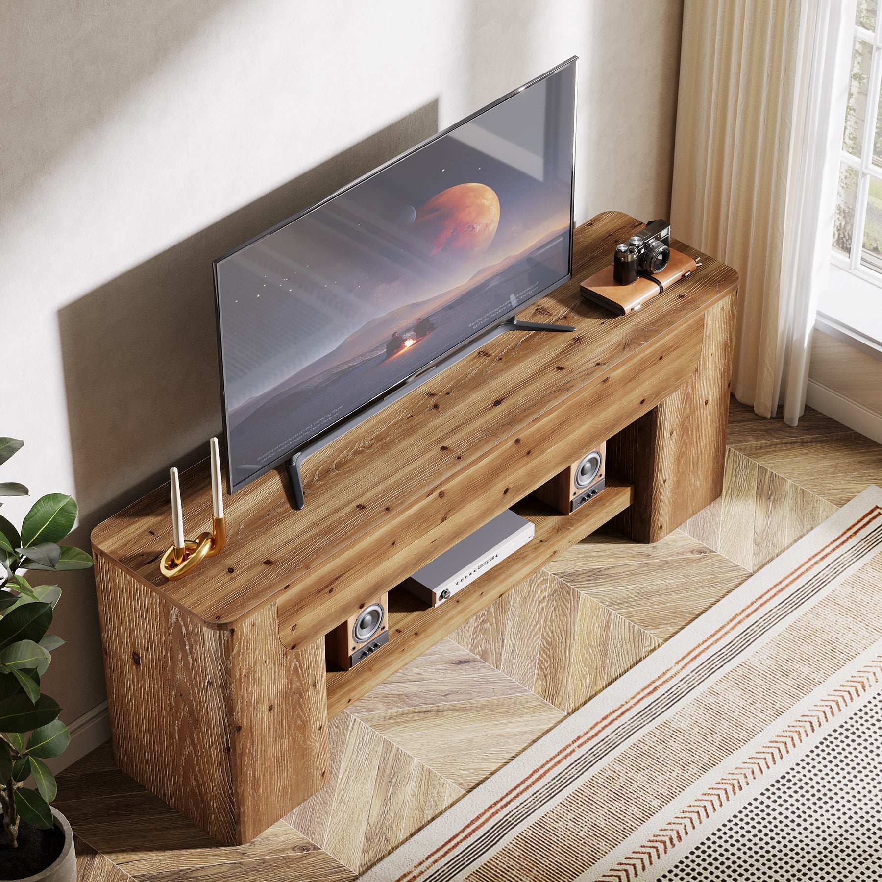 63" Solid Wood TV Stand for Up to 75" TVs, Farmhouse Entertainment Center with Open Shelf Storage for Living Room or Bedroom