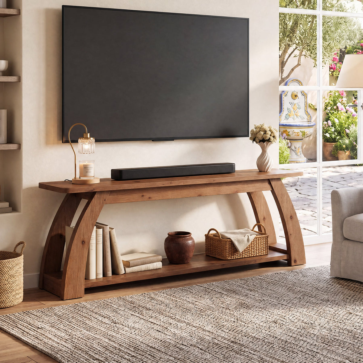 63" Solid Wood TV Stand for up to 75" TVs, 2-Tier  Entertainment Center with Open Storage