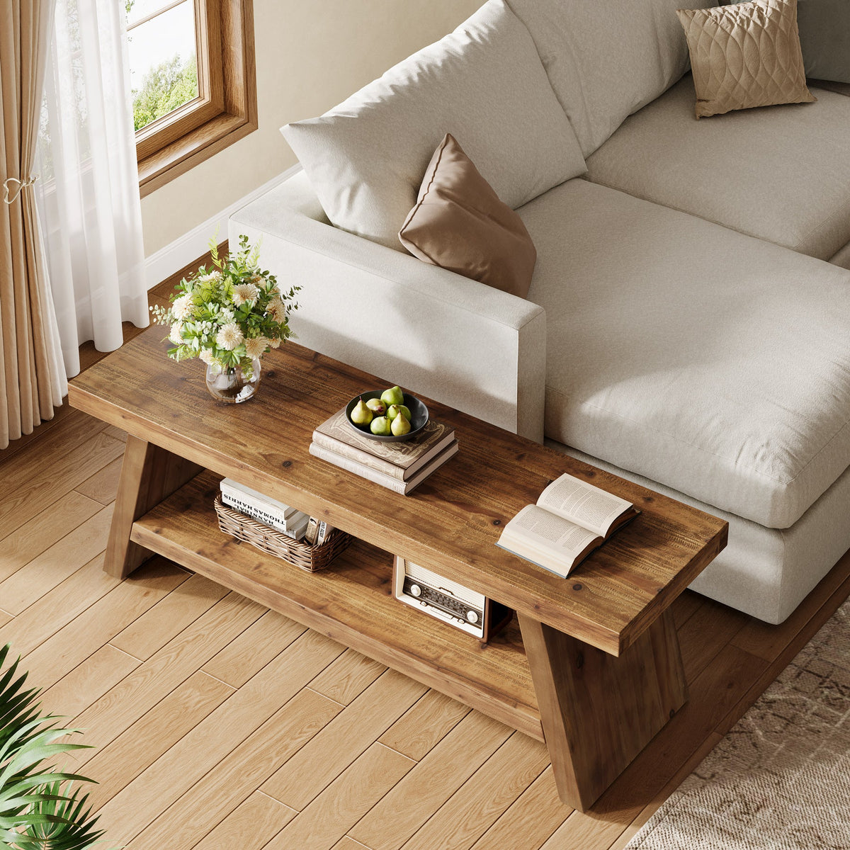2 - Tier Entryway Bench, Solid Wood Shoe Bench with Open Shelves Tribesigns