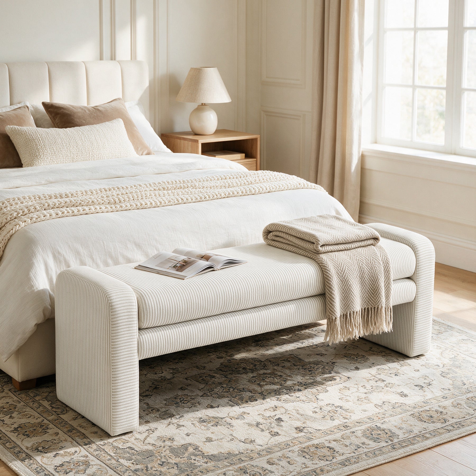 55" Solid Wood End of Bed Bench with Cushion, Modern Upholstered Entryway Bench for Living Room