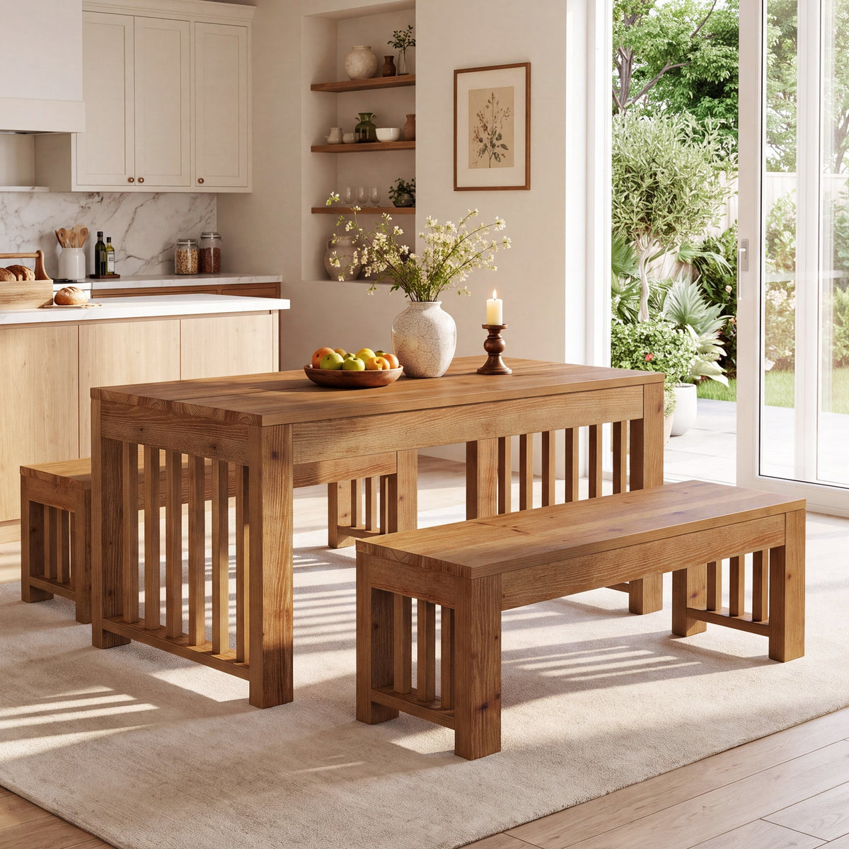 55" Rectangular Dining Table Set, Solid Wood Kitchen Table and Bench for 4 People