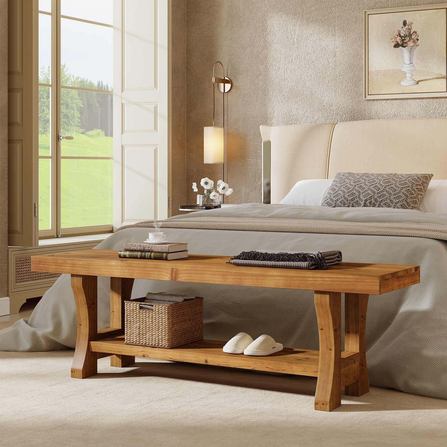 55" Entryway Bench, Solid Wood End of Bed Bench Dining Seat