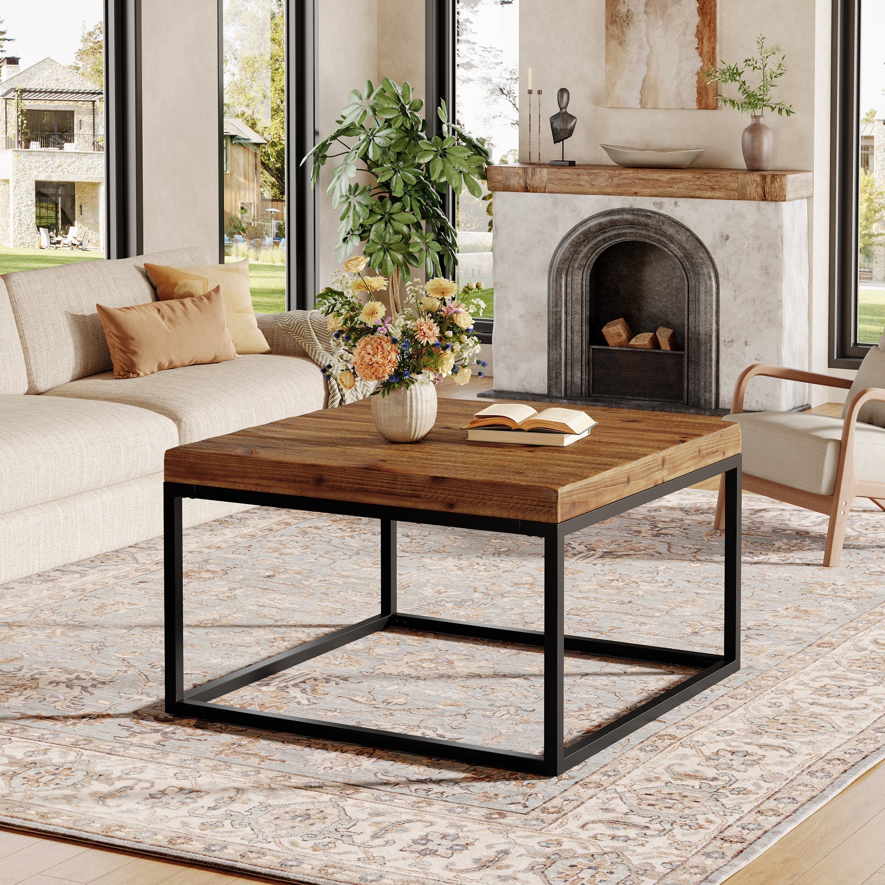 Square Solid Wood Coffee Table, 31.5" Farmhouse Center Table with Metal Frame