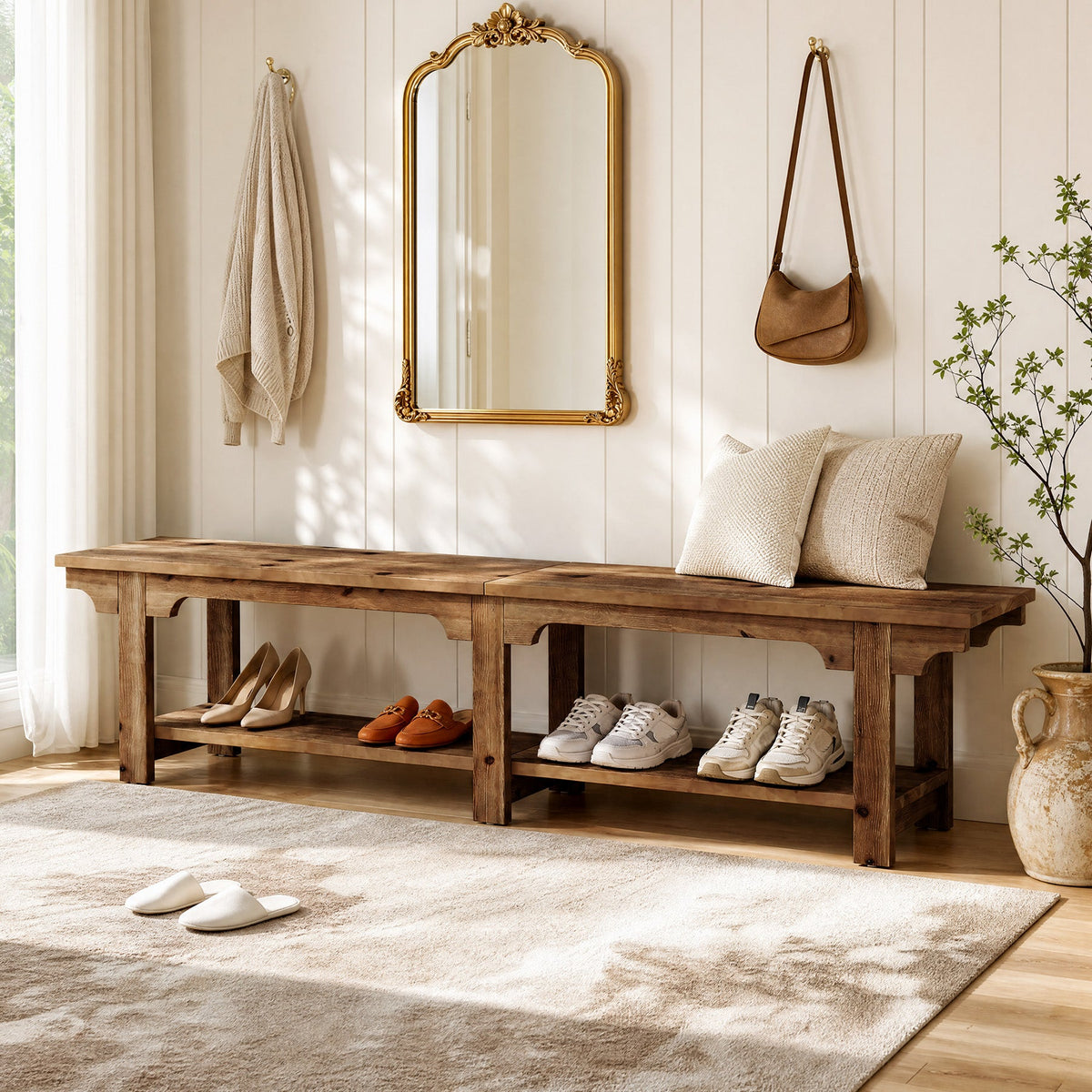 71" Entryway Bench, Farmhouse Solid Wood 2-Tier Shoe Storage Bench for Hallway
