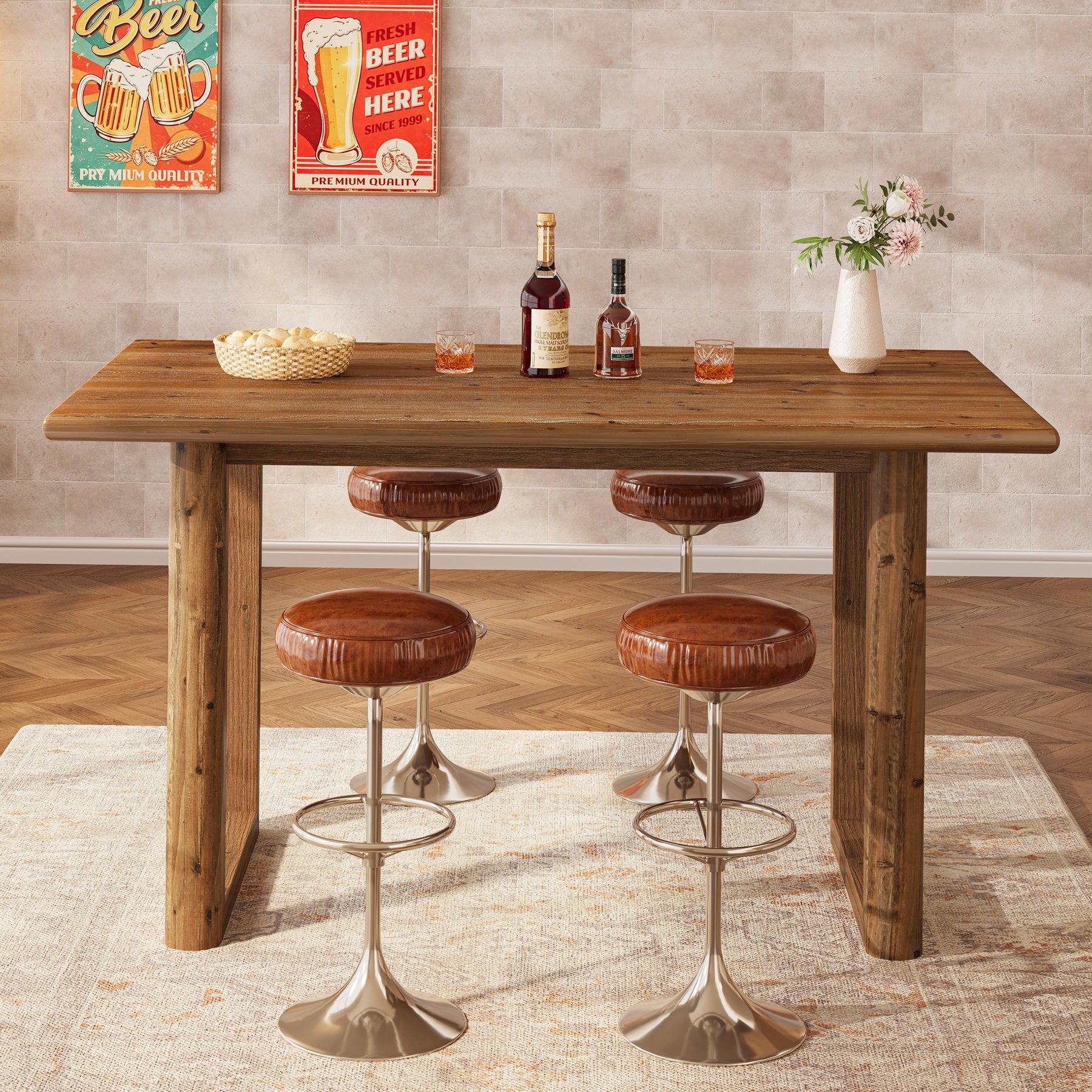 63" Solid Wood Bar Table, Farmhouse Counter Height Pub Table with U-Shaped Legs