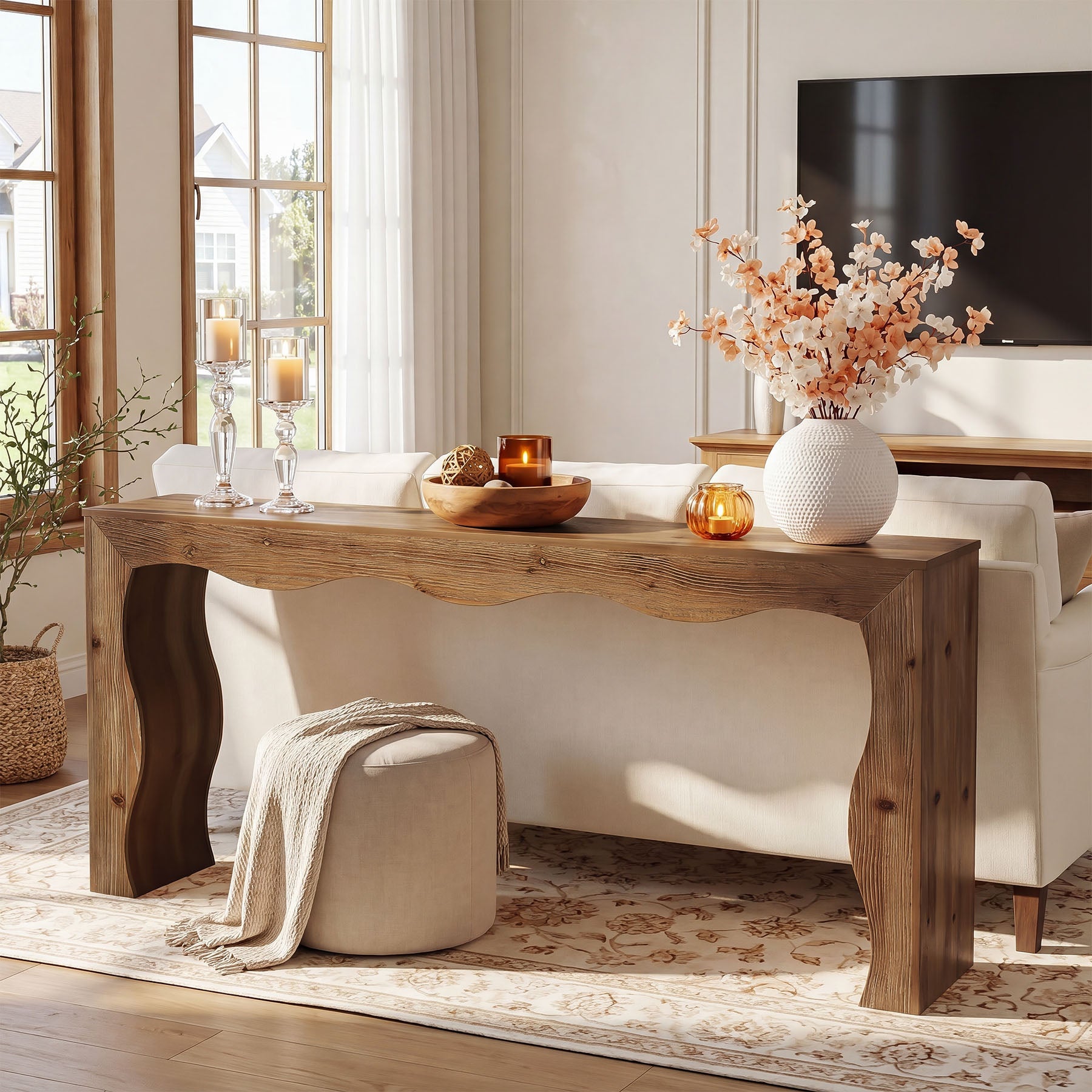63" Solid Wood Console Table, Farmhouse Entryway Sofa Table with Wavy Edge