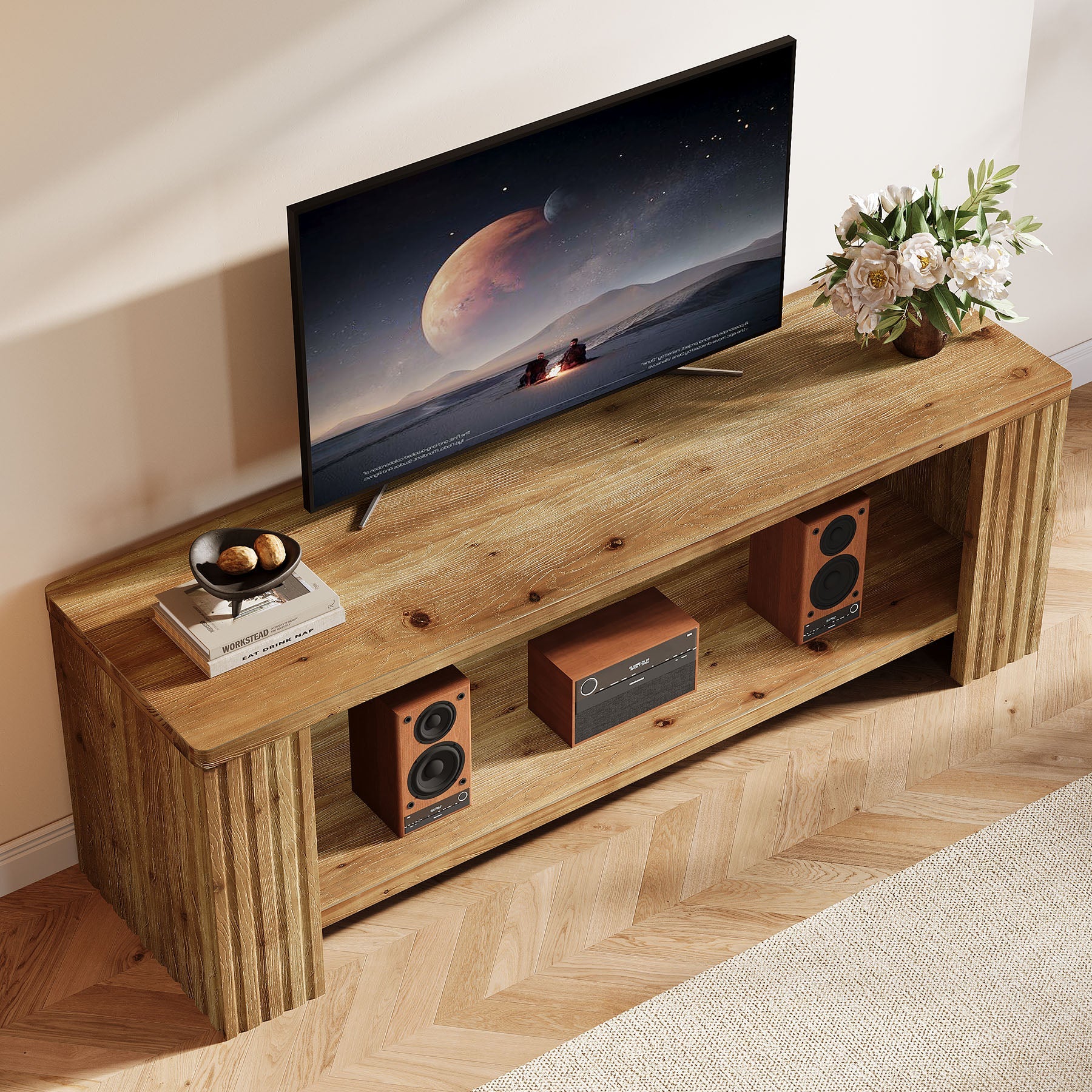 Solid Wood TV Stand, 63" Entertainment Center with 2-Tier Storage Shelf