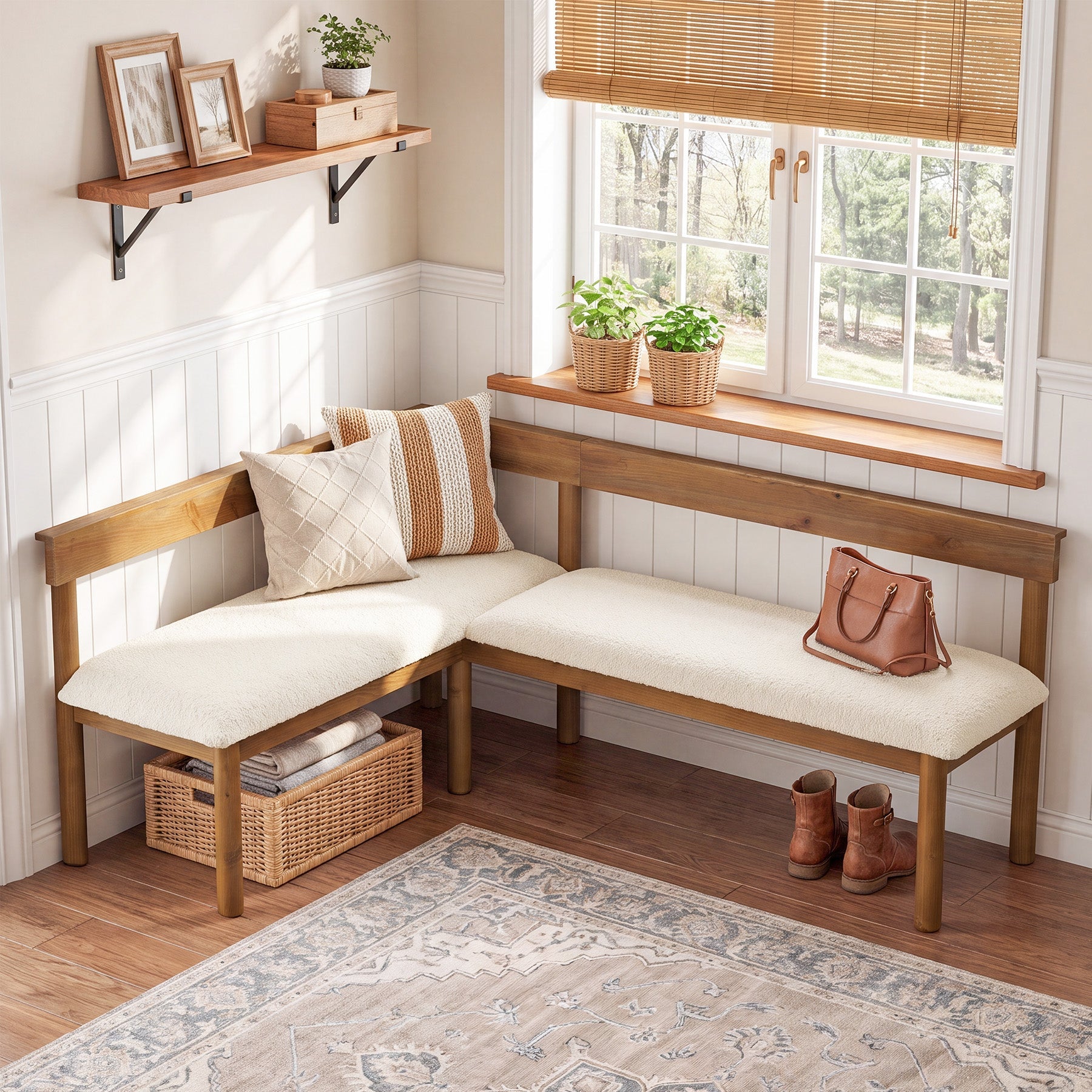 Solid Wood L-Shaped Bench, Upholstered Corner Kitchen Bench with Backrest