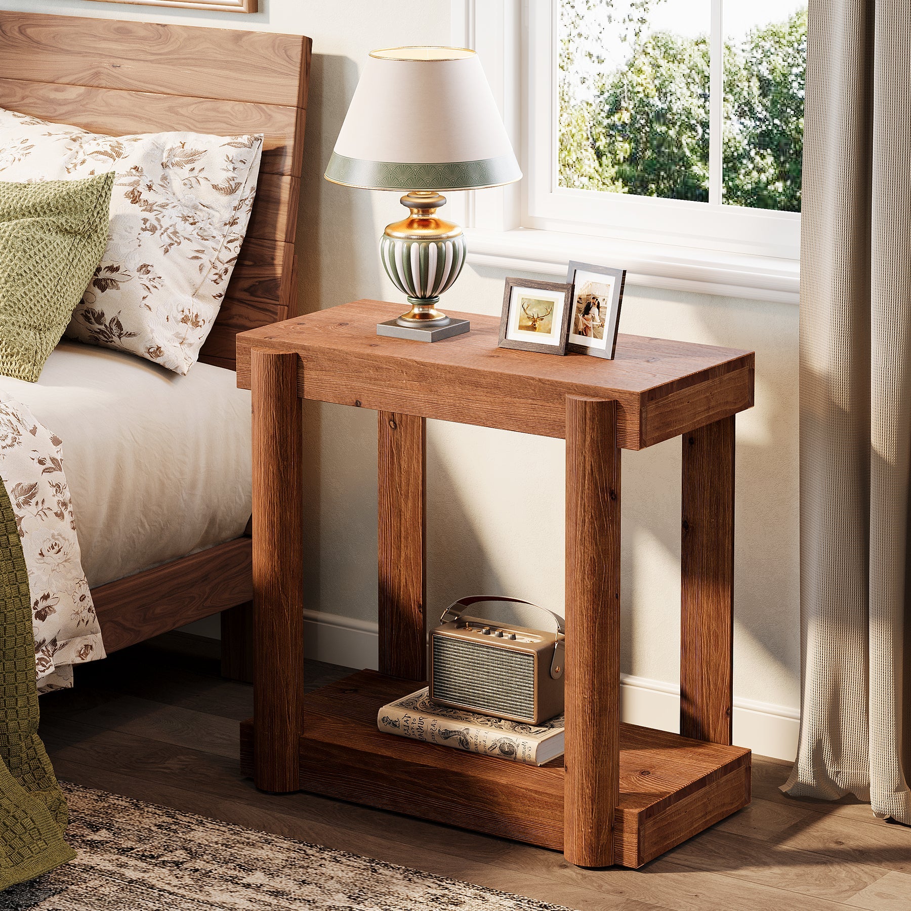 Solid Wood Modern Farmhouse End Table, 2-Tier Storage Shelf Side Table for Small Spaces