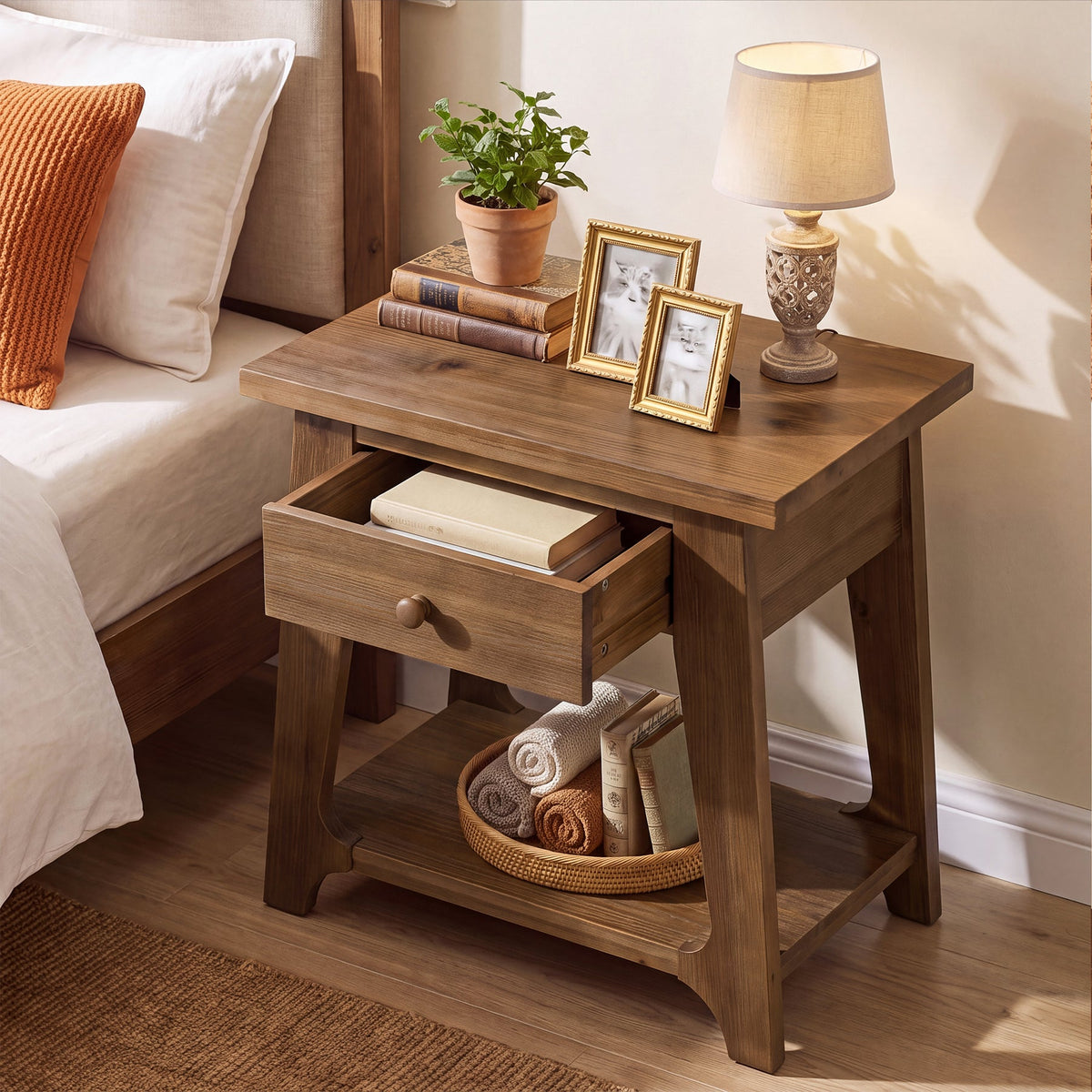 Solid Wood Nightstand, Farmhouse Bedside Table with Drawer & Open Shelf