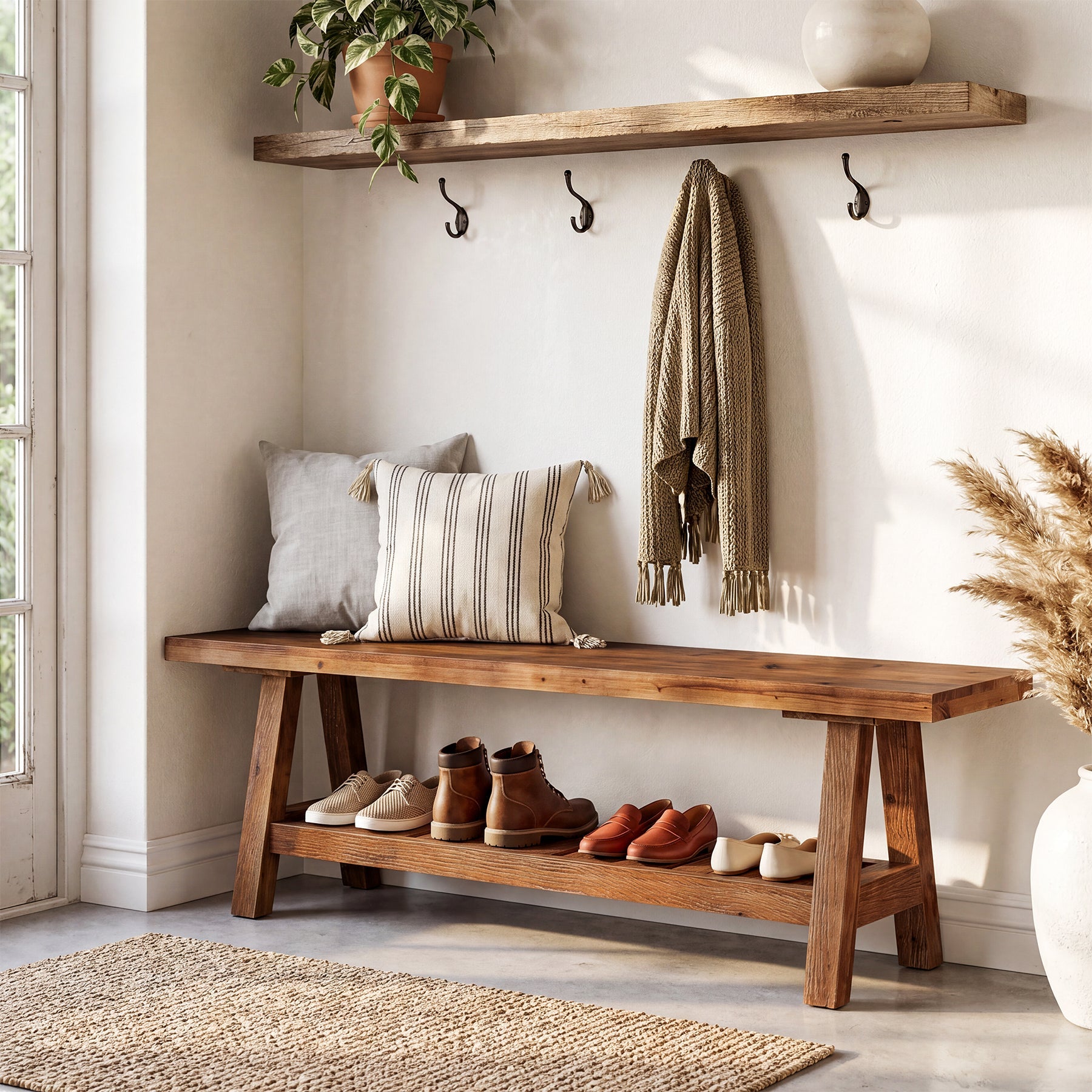 55" Entryway Bench, Solid Wood Shoe Bench End of Bed Seating with Storage Shelf