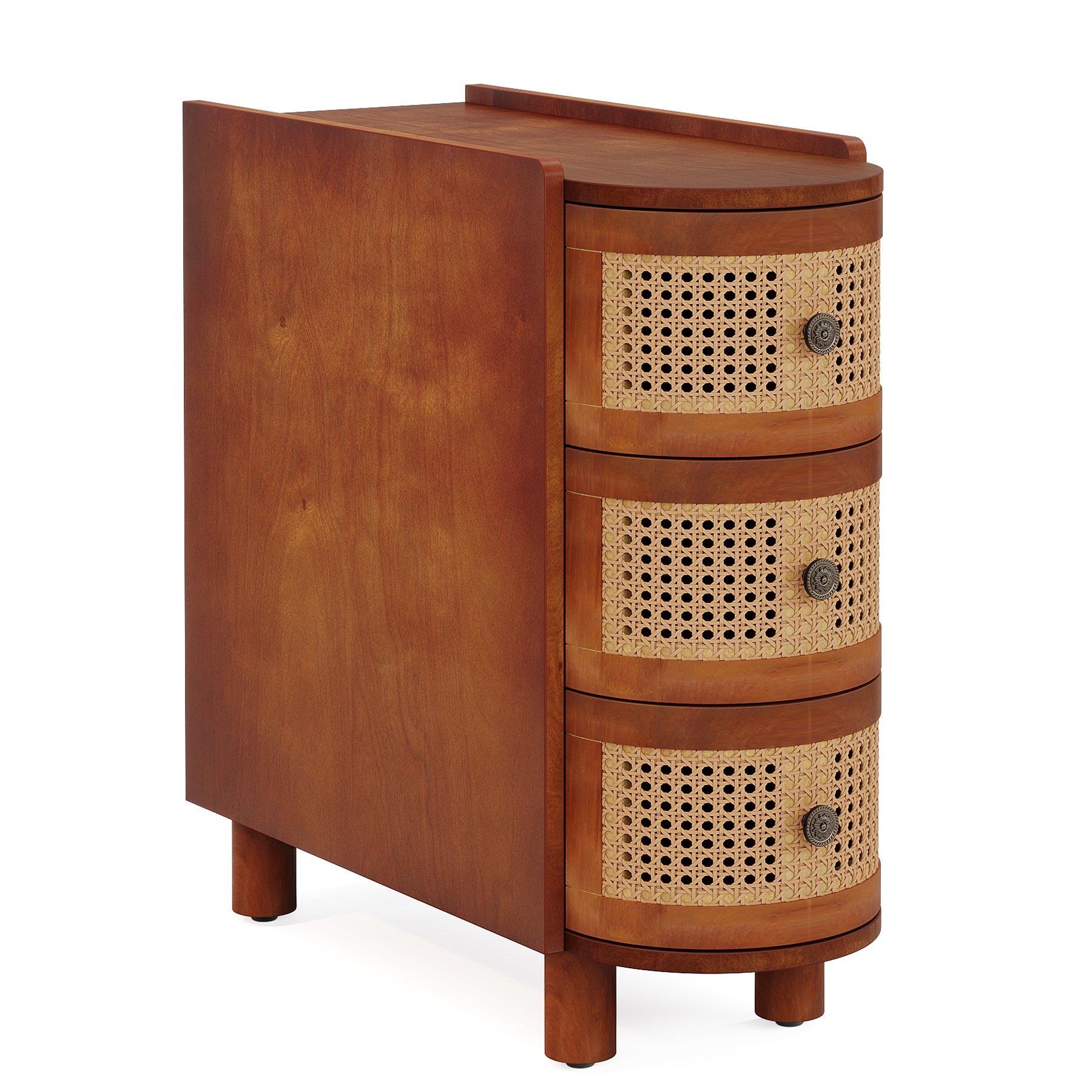 Wood End Table, 3-Drawer Side Table NightStand with 3 Rattan Drawers