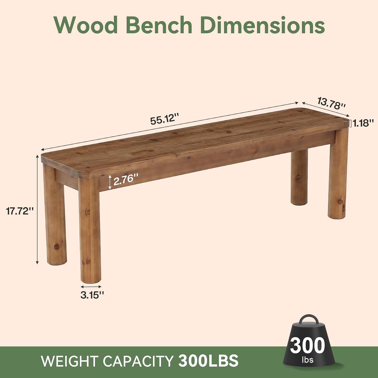 55" Solid Wood Entryway Bench, Farmhouse Wooden Bench for End of Bed, Hallway & Dining Room