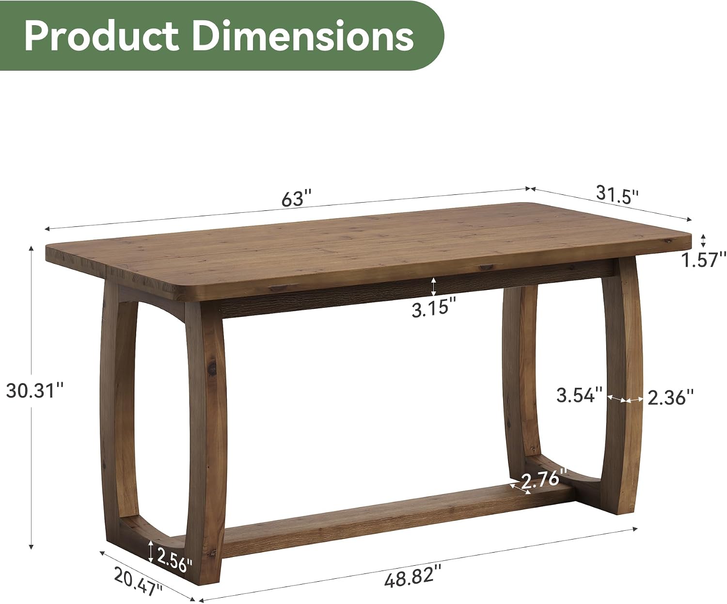 63" Solid Wood Dining Table, Farmhouse Rectangle Kitchen Table with U-Shaped Trestle Base