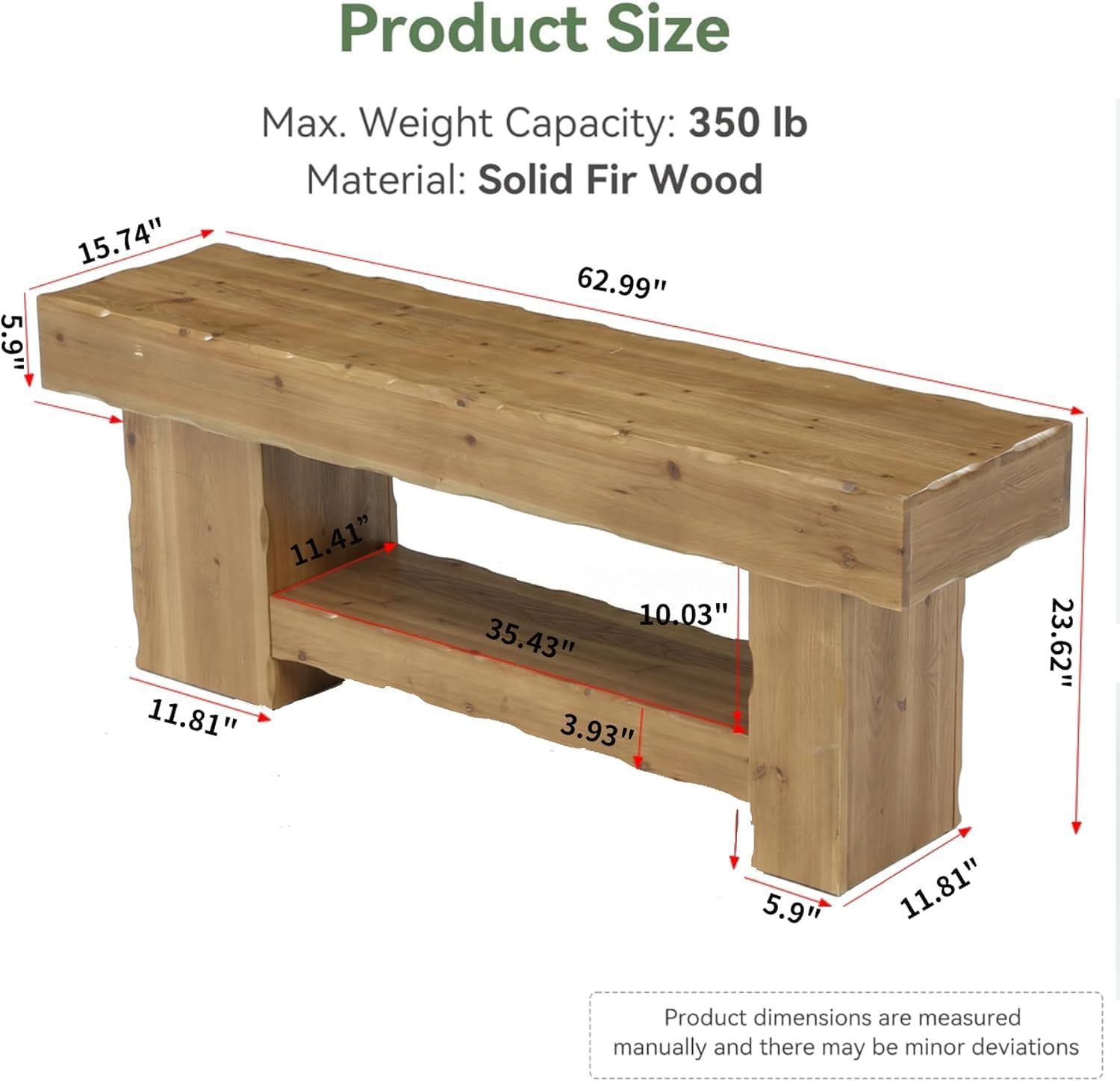 63" Solid Wood Dining Bench, Farmhouse Kitchen Table Bench with Storage Shelf