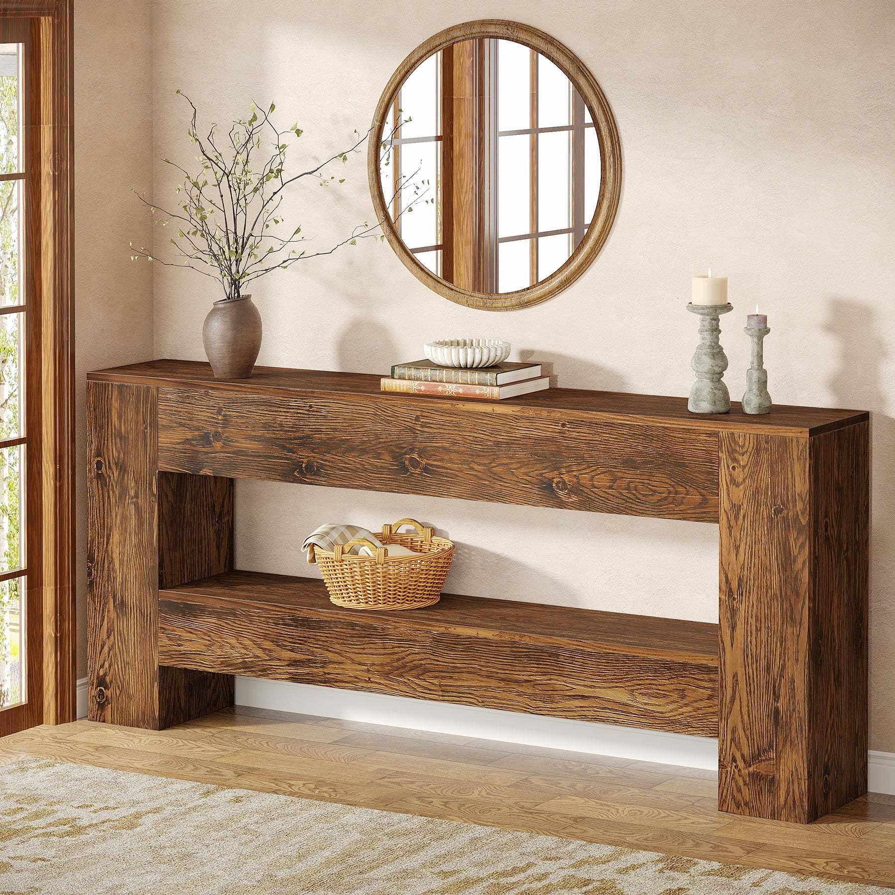 Solid Wood Console Table, 63" Farmhouse Entryway Table with 2-Tier Storage Shelf