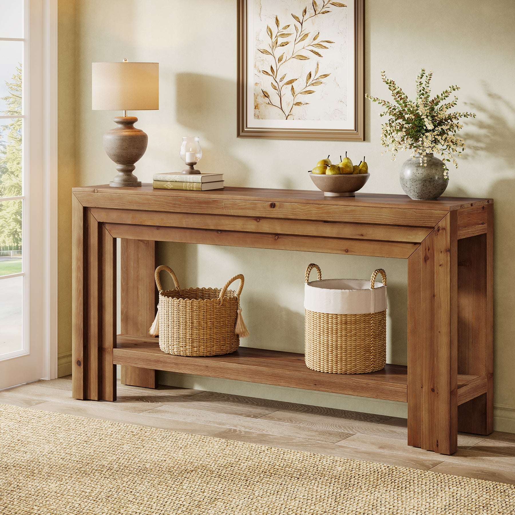 63" Solid Wood Entryway Console Table with 2-Tier Shelf, Farmhouse Sofa & Hallway Table with Dimensional Linear Frame