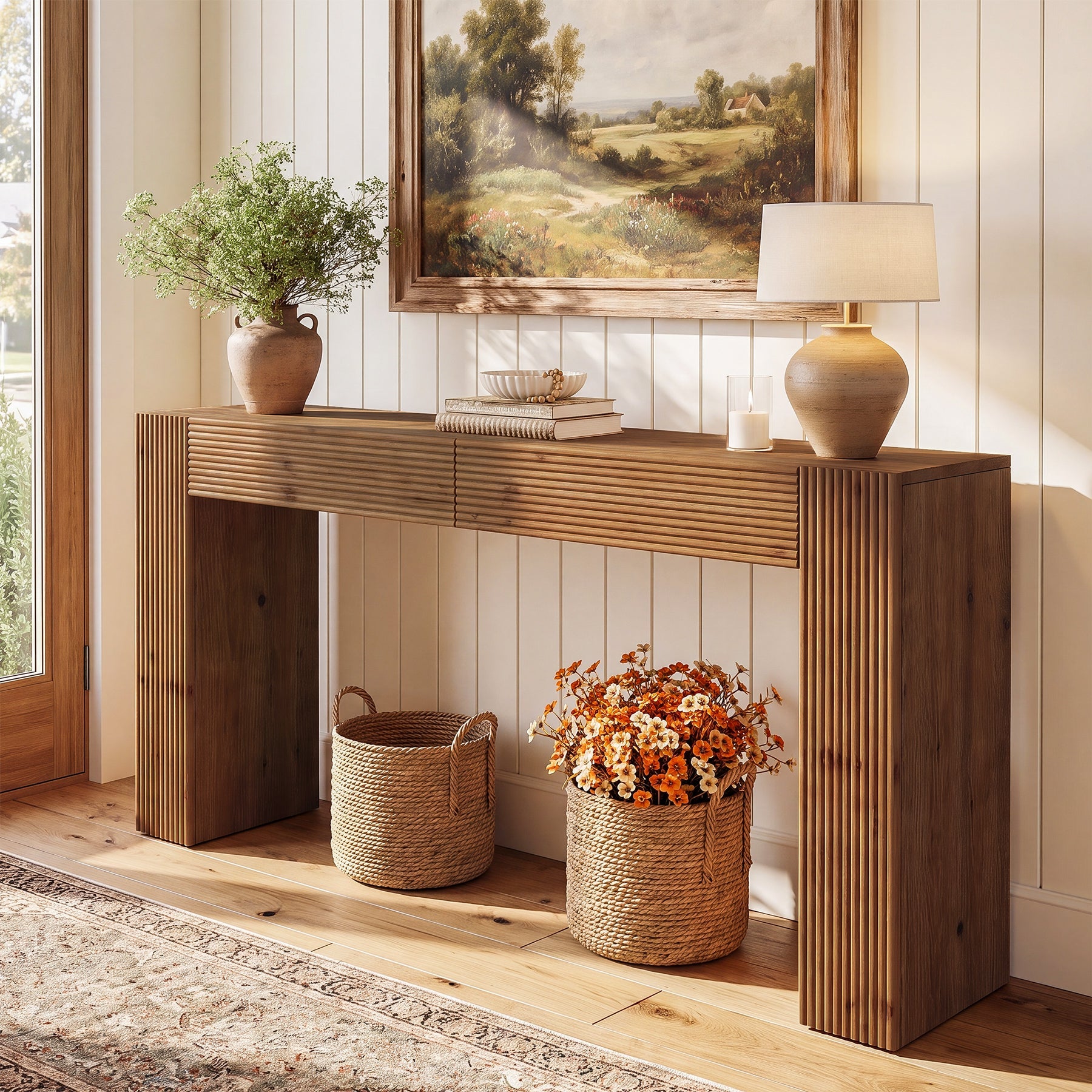 63" Solid Wood Console Table with 2 Drawers, Fluted Entryway Sofa Table for Hallway, Foyer