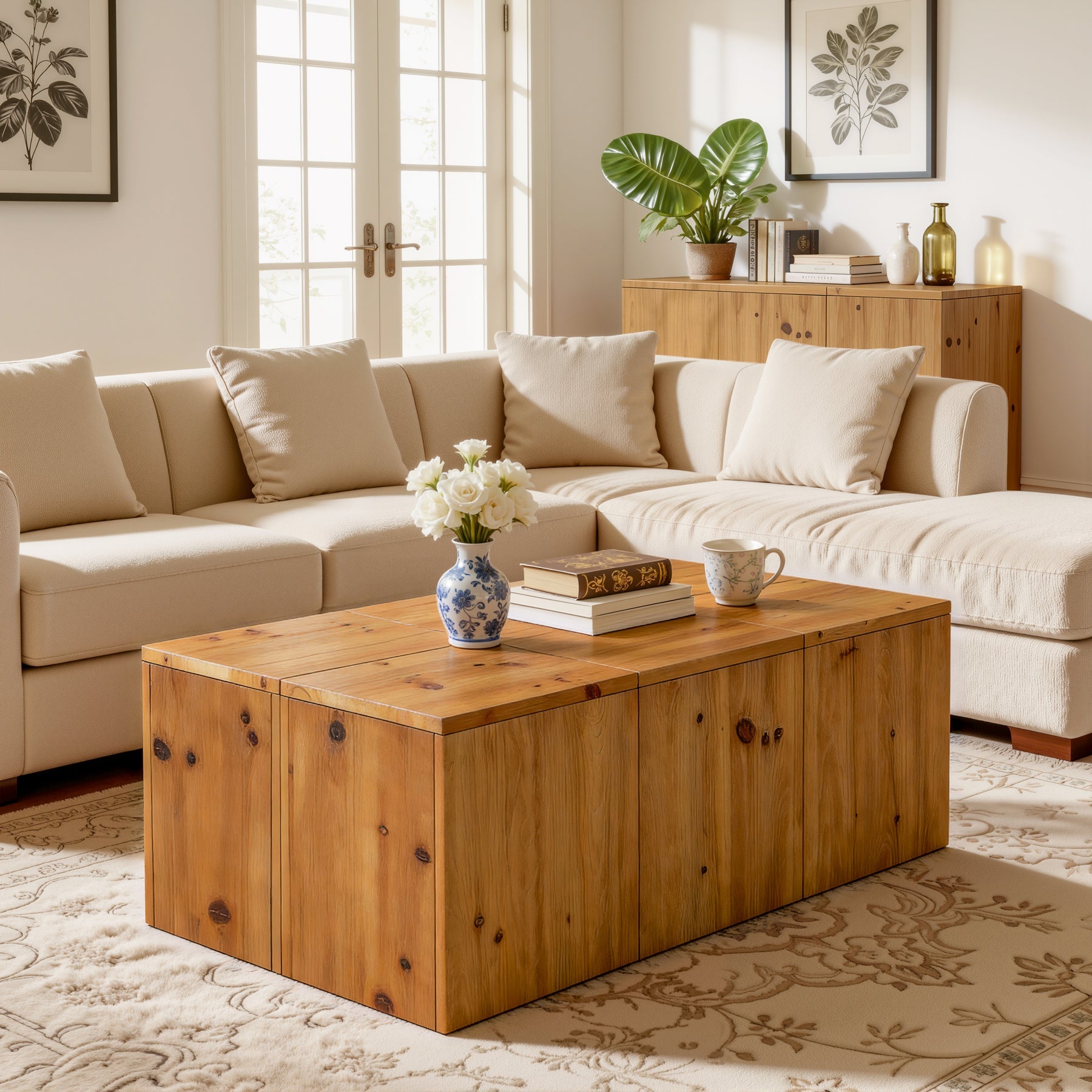 47" Rectangle Coffee Table, Solid Wood Center Table with Natural Wood Grain