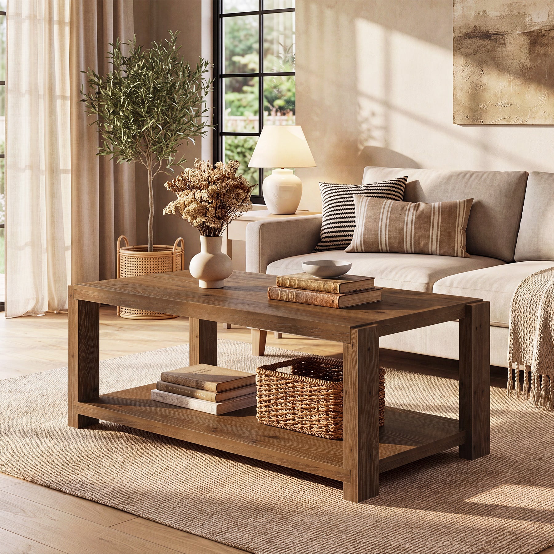 47" Farmhouse Solid Wood Coffee Table, Rectangular Cocktail Table with 2-Tier Open Shelf