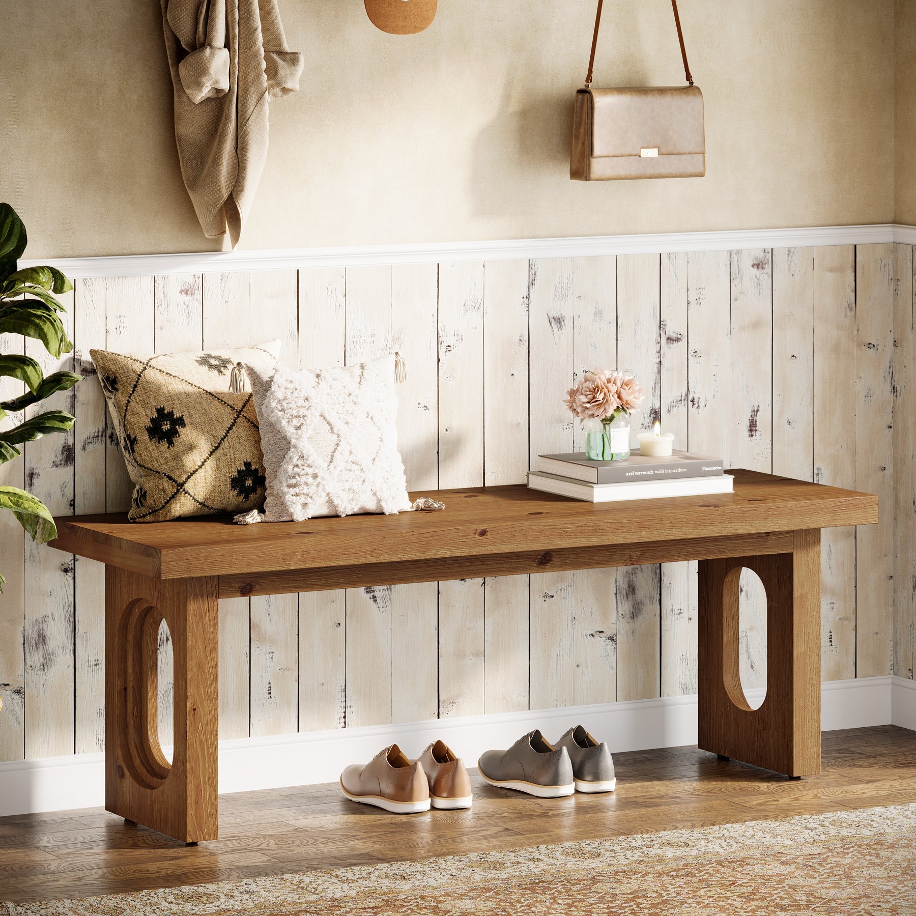 Solid Wood Entryway Bench, 43.3" Farmhouse Shoe Bench with Hollowed Legs
