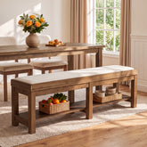 63" Solid Wood Dining Bench, Upholstered Kitchen Bench with Lower shelf 3