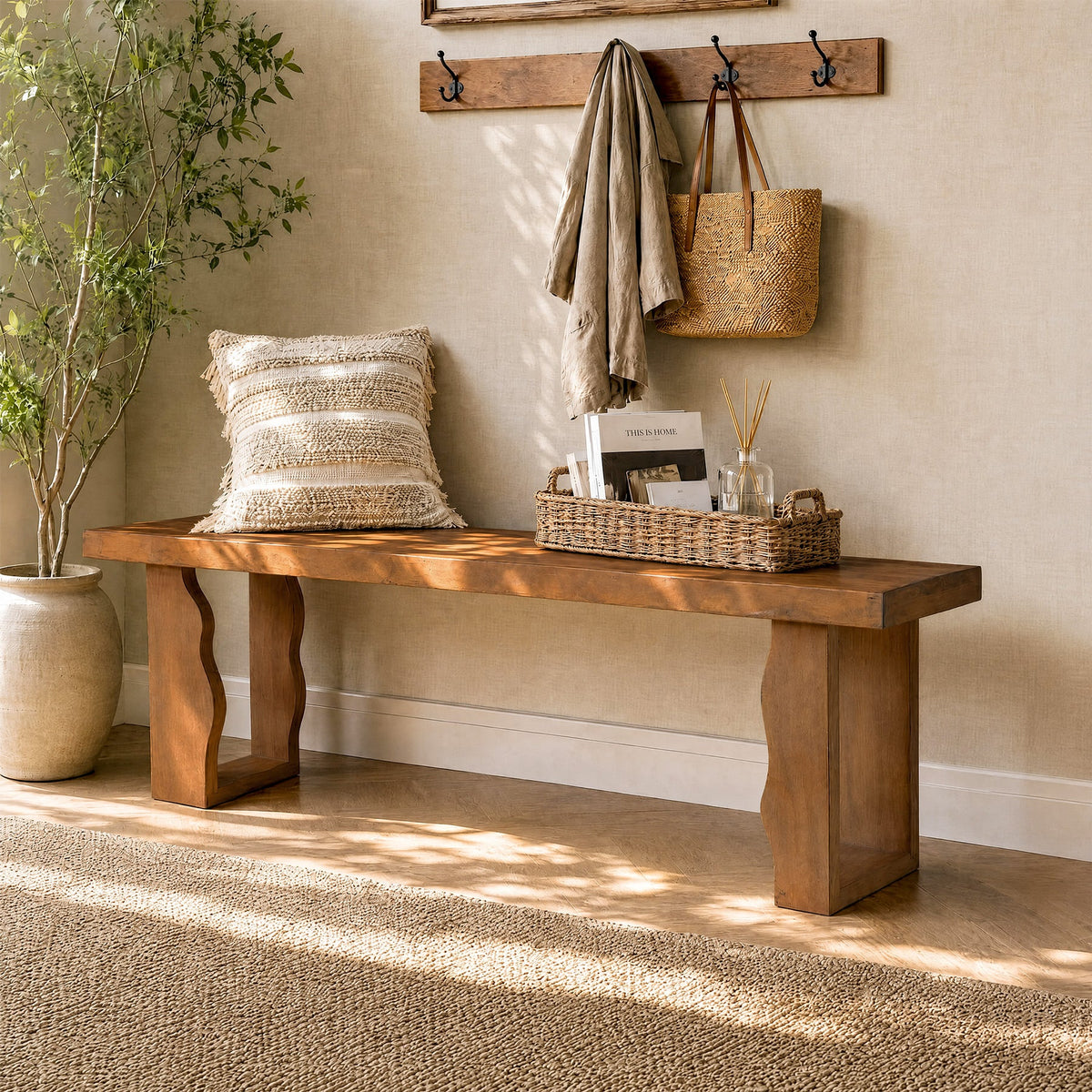 55-Inch Solid Wood Entryway Bench, 350 LB Shoe Bench with Thick Seat for Hallway